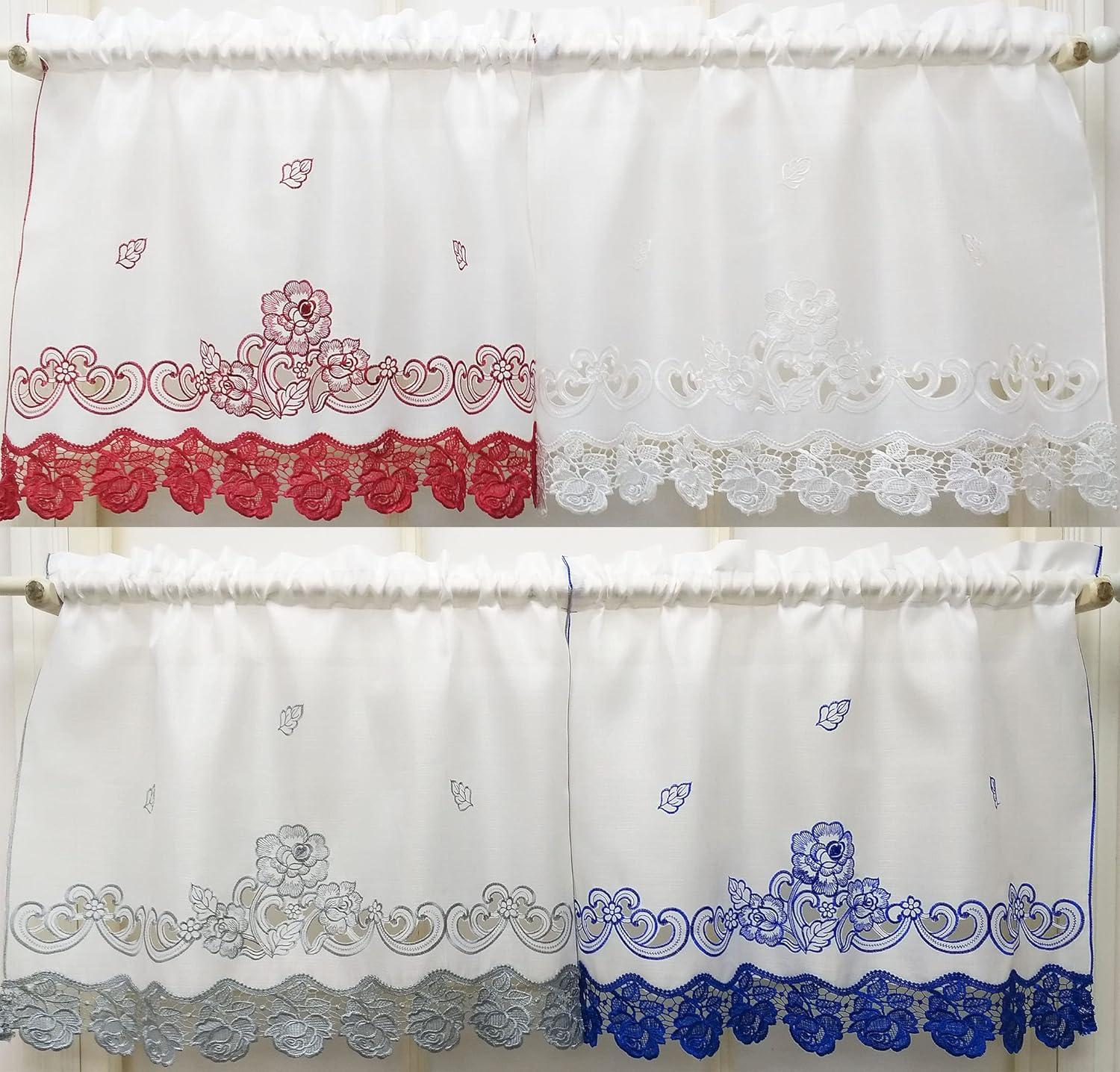 GOHD – Cortinas de cocina de rosario de encaje, juego de 3 cortinas y cenefas de cocina, elegante tela blanca con bordado de rosas y encaje (color