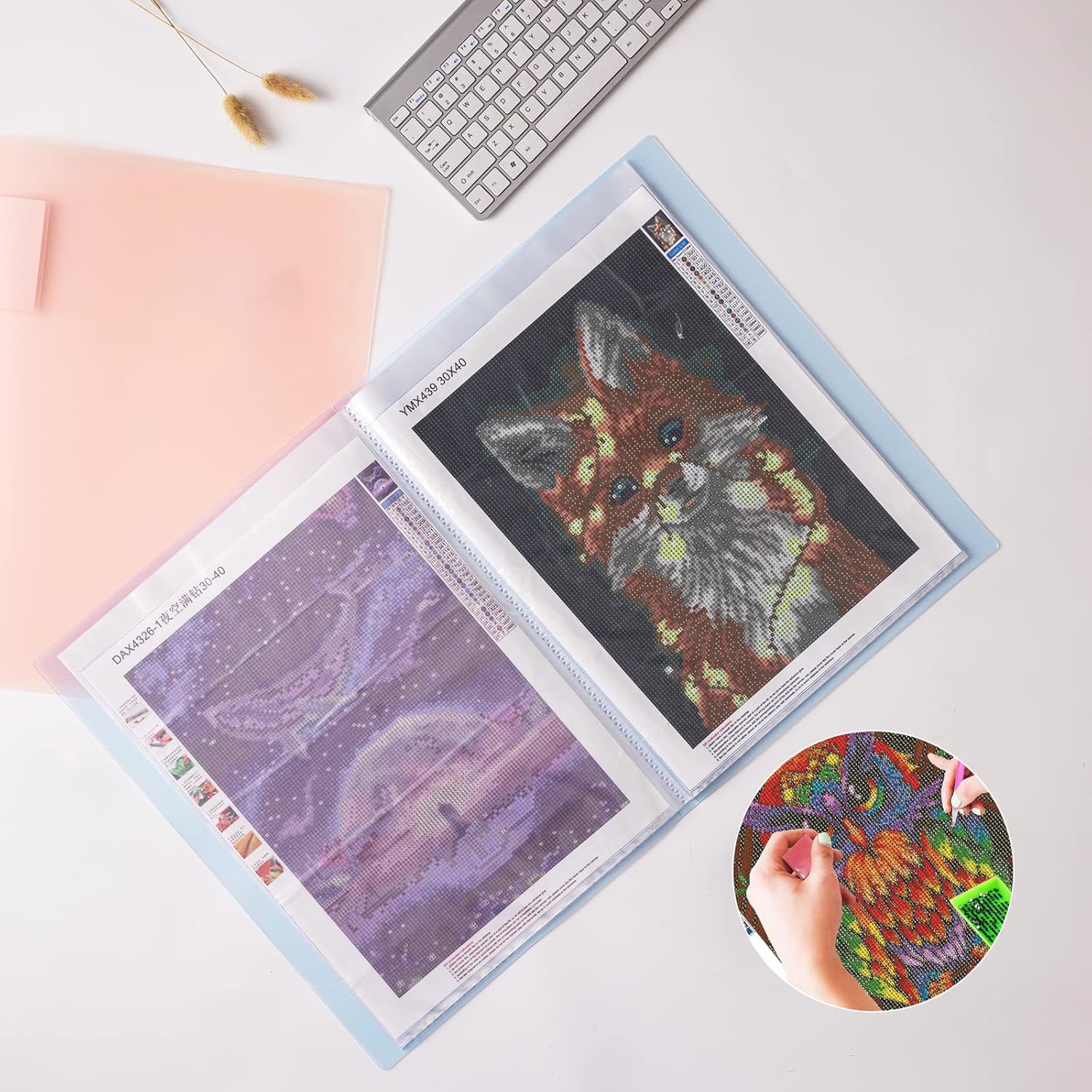 Qunrwe Contenedores de almacenamiento para libros de pintura de diamantes A3, carpeta de portafolio para obras de arte, 60 páginas, protector de