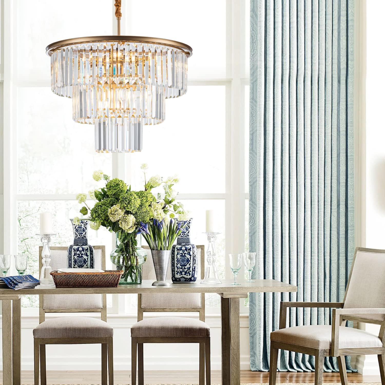 Candelabro colgante de cristal moderno dorado de 23.64 pulgadas, 12 luces, lámpara colgante de 3 niveles, iluminación colgante de cristal para sala