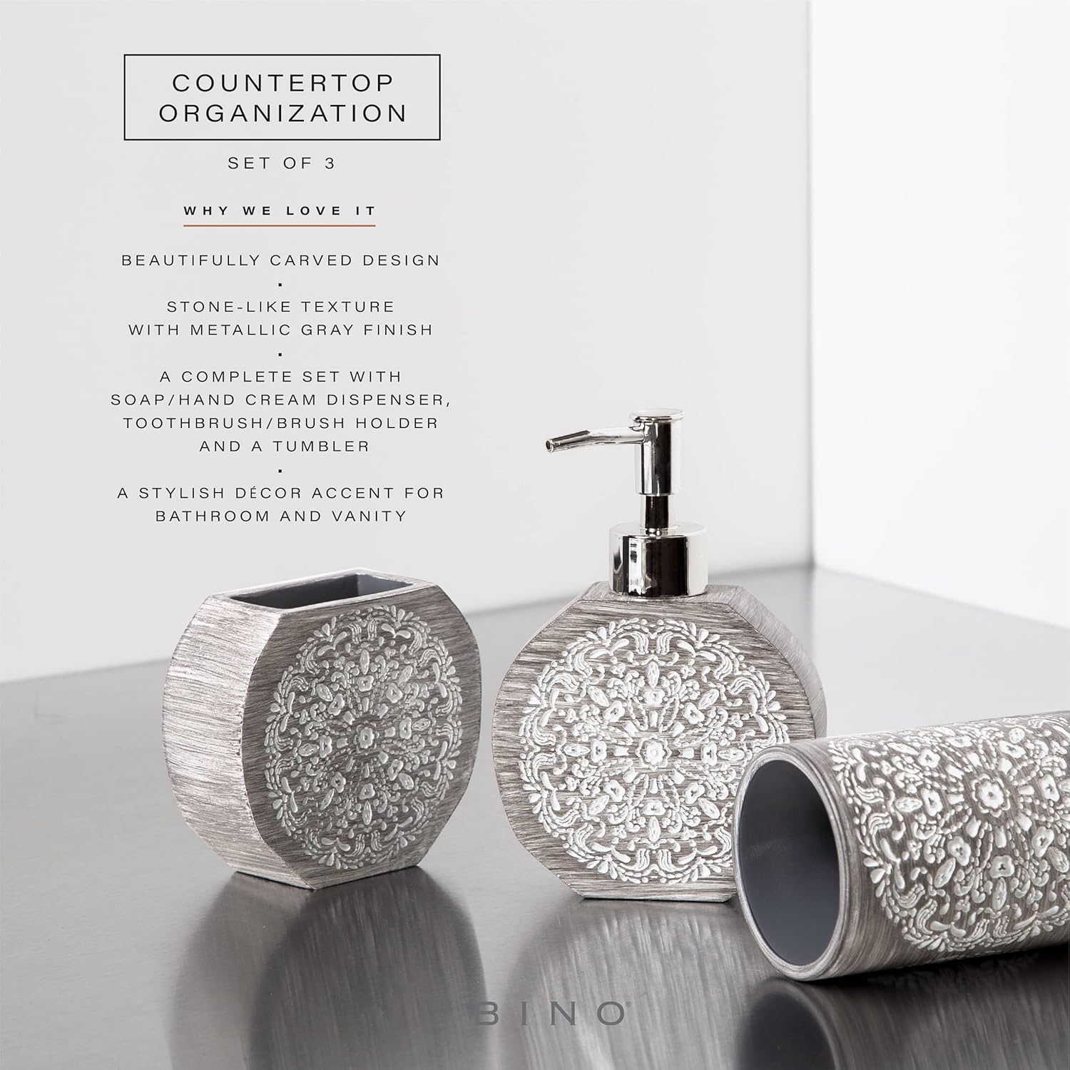 BINO Juego de accesorios de baño, color gris, dispensador de jabón, soporte para cepillos de dientes, vaso, organizador de baño de 3 piezas,