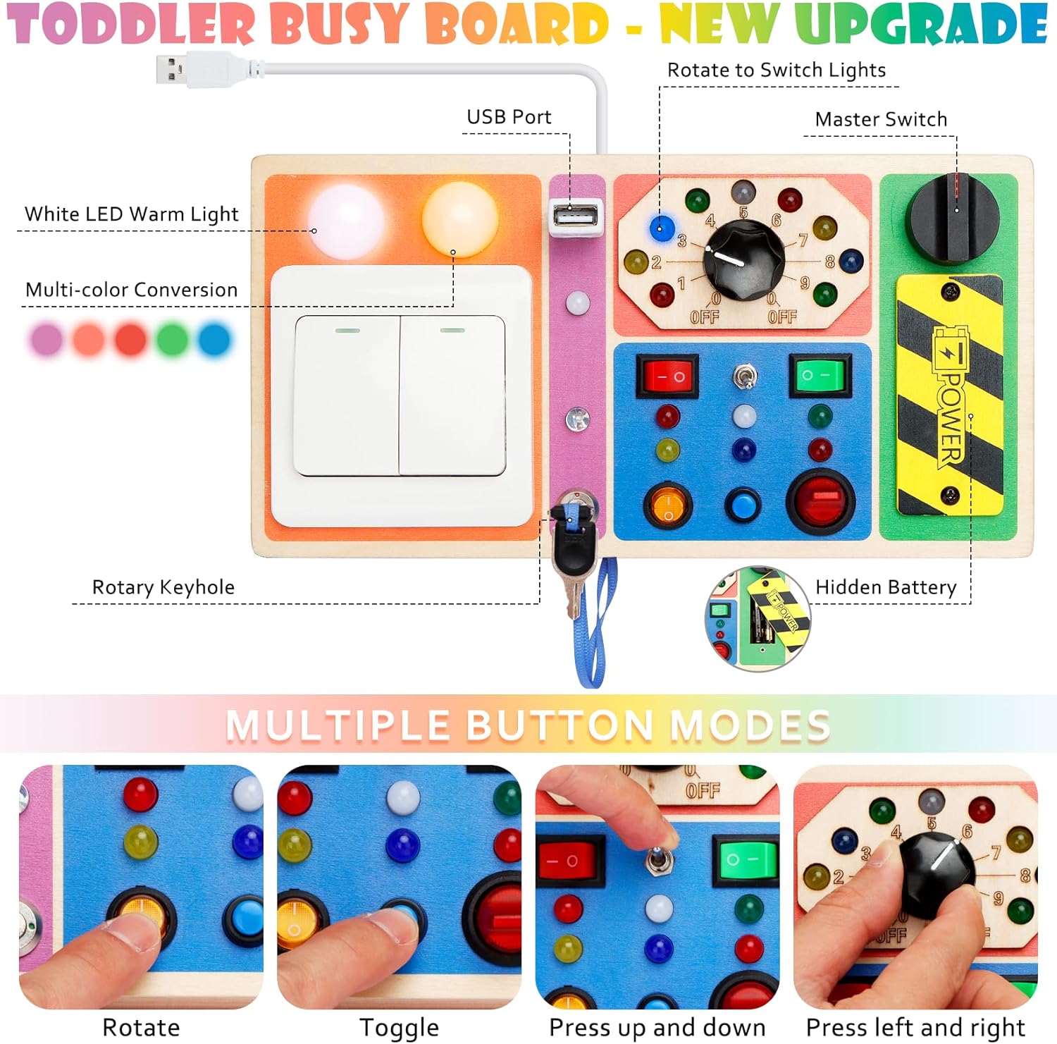 Montessori – Tablero sensorial para bebés de 1, 2, 3, 4 años, tablero de madera con 19 luces LED, juguetes de interruptor, juguete de botón para