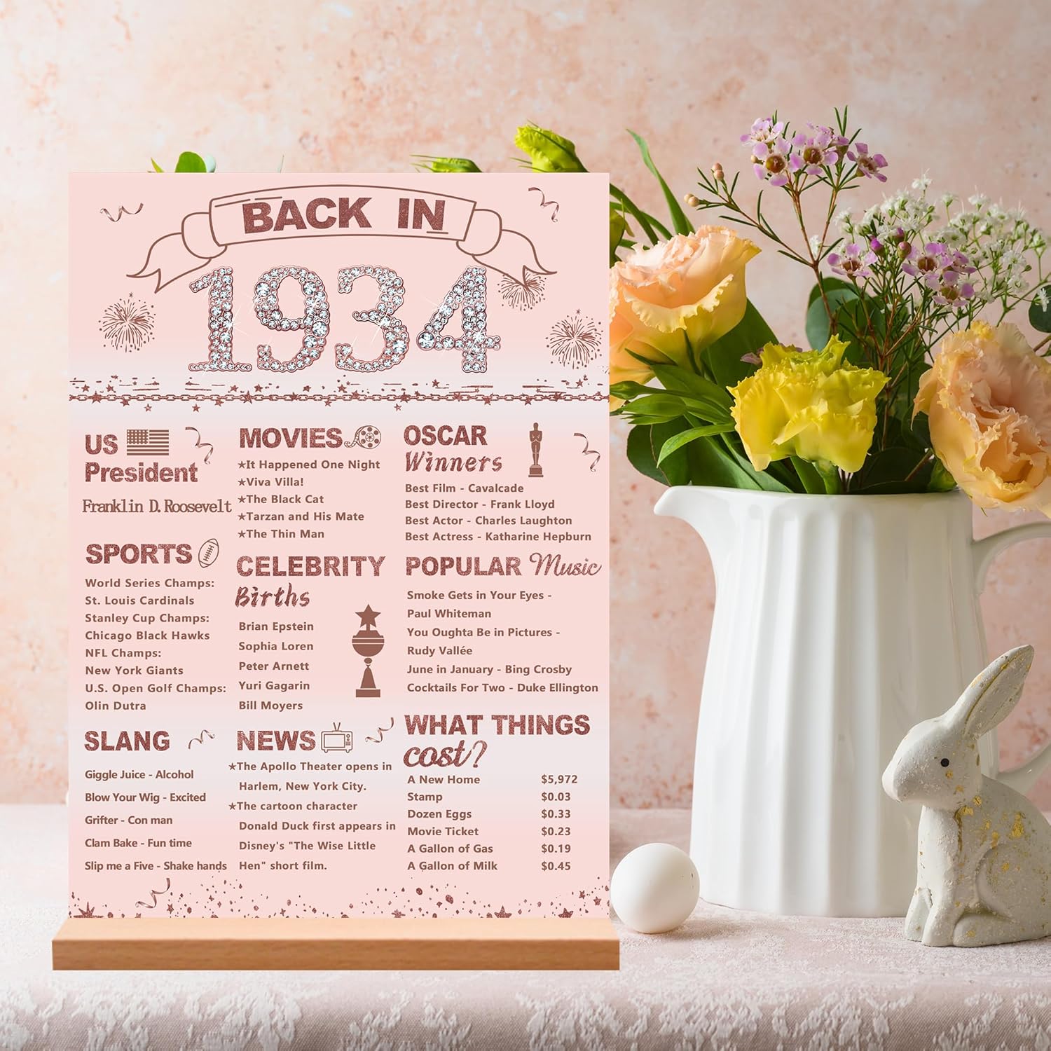 DARUNAXY Decoraciones de fiesta de cumpleaños número 90 de oro rosa, póster grande de acrílico con soporte para mujeres que saludan a 90 años,
