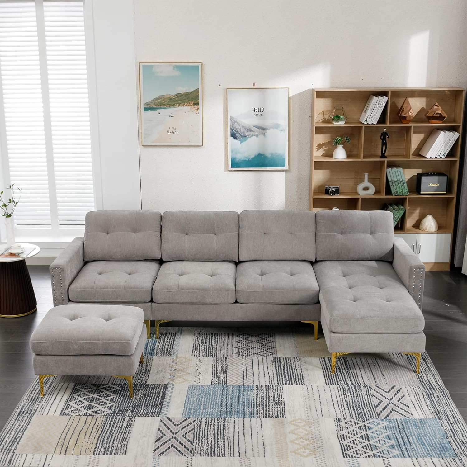 Merax, Sofá seccional convertible gris claro de 110 pulgadas de largo, sofá en forma de U de terciopelo con otomana móvil y almacenamiento para sala