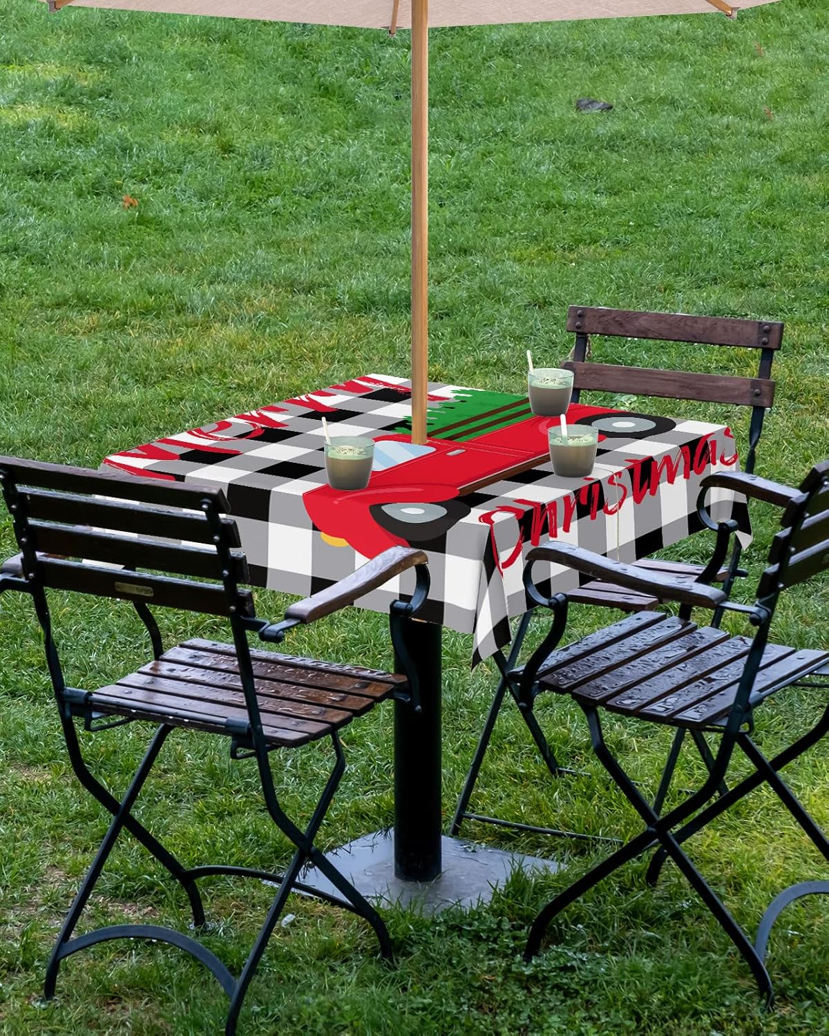 Outdoor Tablecloth with Umbrella Hole 54 x 54 Inch, Merry Christmas Farmhouse Red Xmas Truck Black White Buffalo Plaid Square Zippered Waterproof