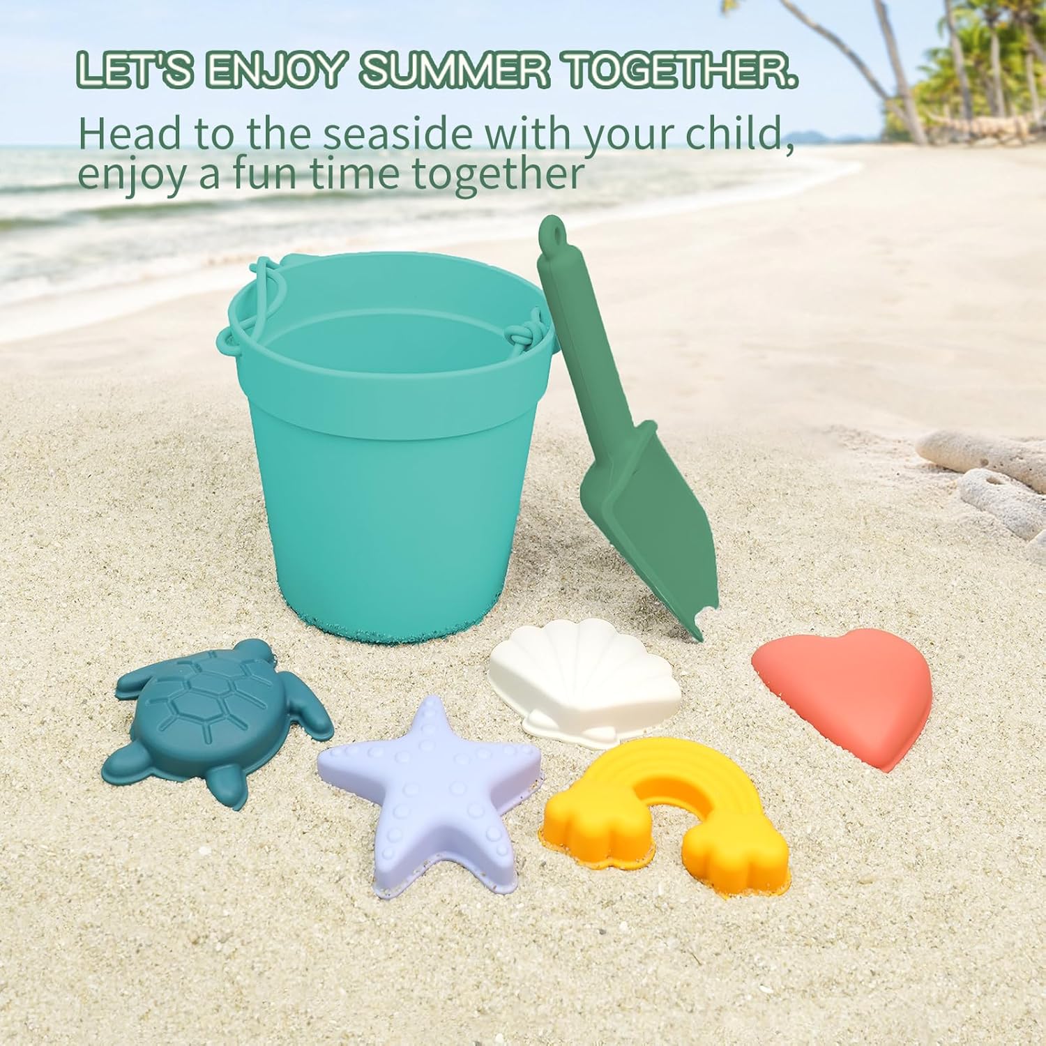 Juguetes de playa de silicona, 8 piezas, juguetes de playa para bebés, incluyendo cubo, pala, 5 moldes de arena, bolsa de playa, juguete ecológico,