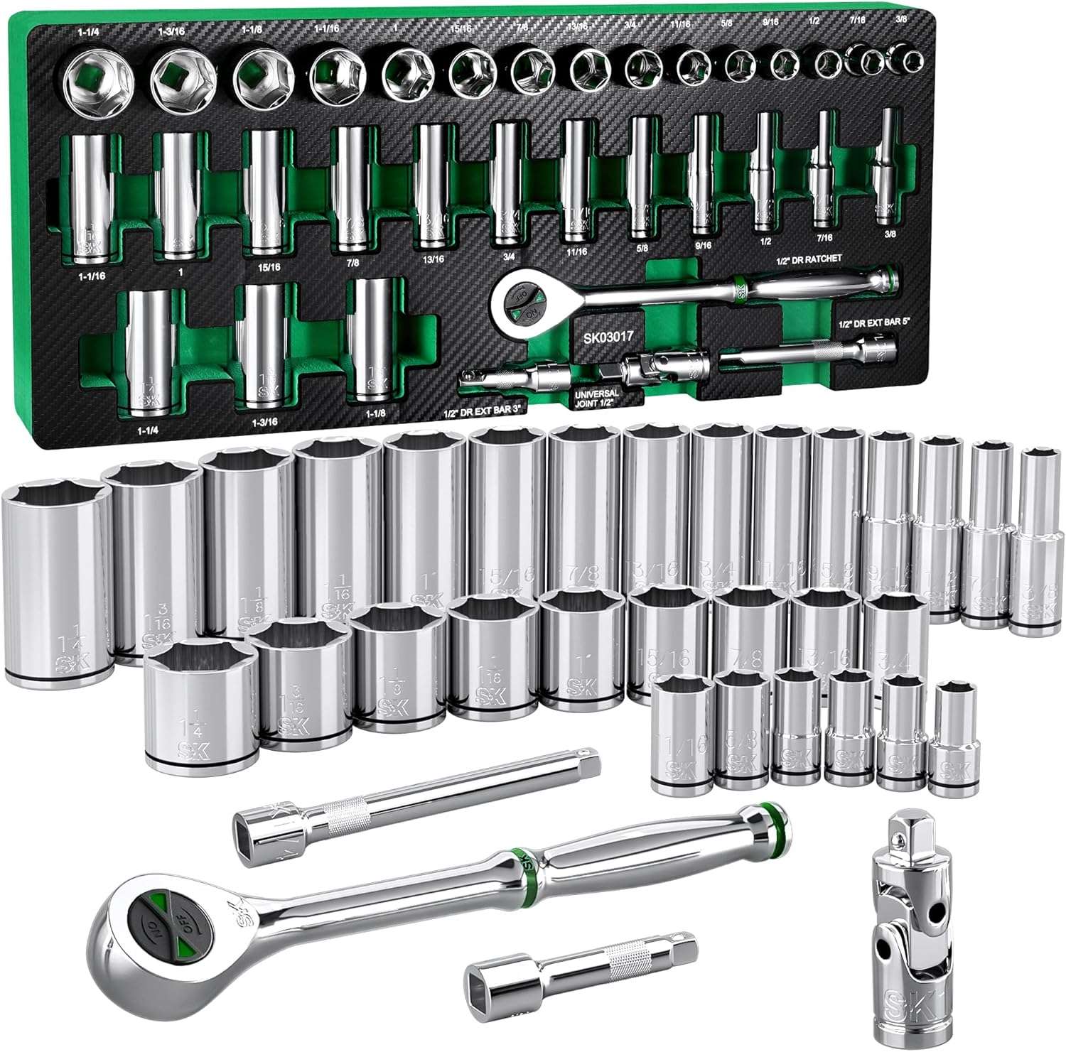 SK Juego de llaves de vaso de 12″ con trinquete de 160-P, 34 piezas, SAE, acabado SuperKrome, construcción Preminum CR-V, con organizador de