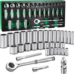 SK Juego de llaves de vaso de 12″ con trinquete de 160-P, 34 piezas, SAE, acabado SuperKrome, construcción Preminum CR-V, con organizador de SK Juego de llaves de vaso de 12″ con trinquete de 160-P, 34 piezas, SAE, acabado SuperKrome, construcción Preminum CR-V, con organizador de