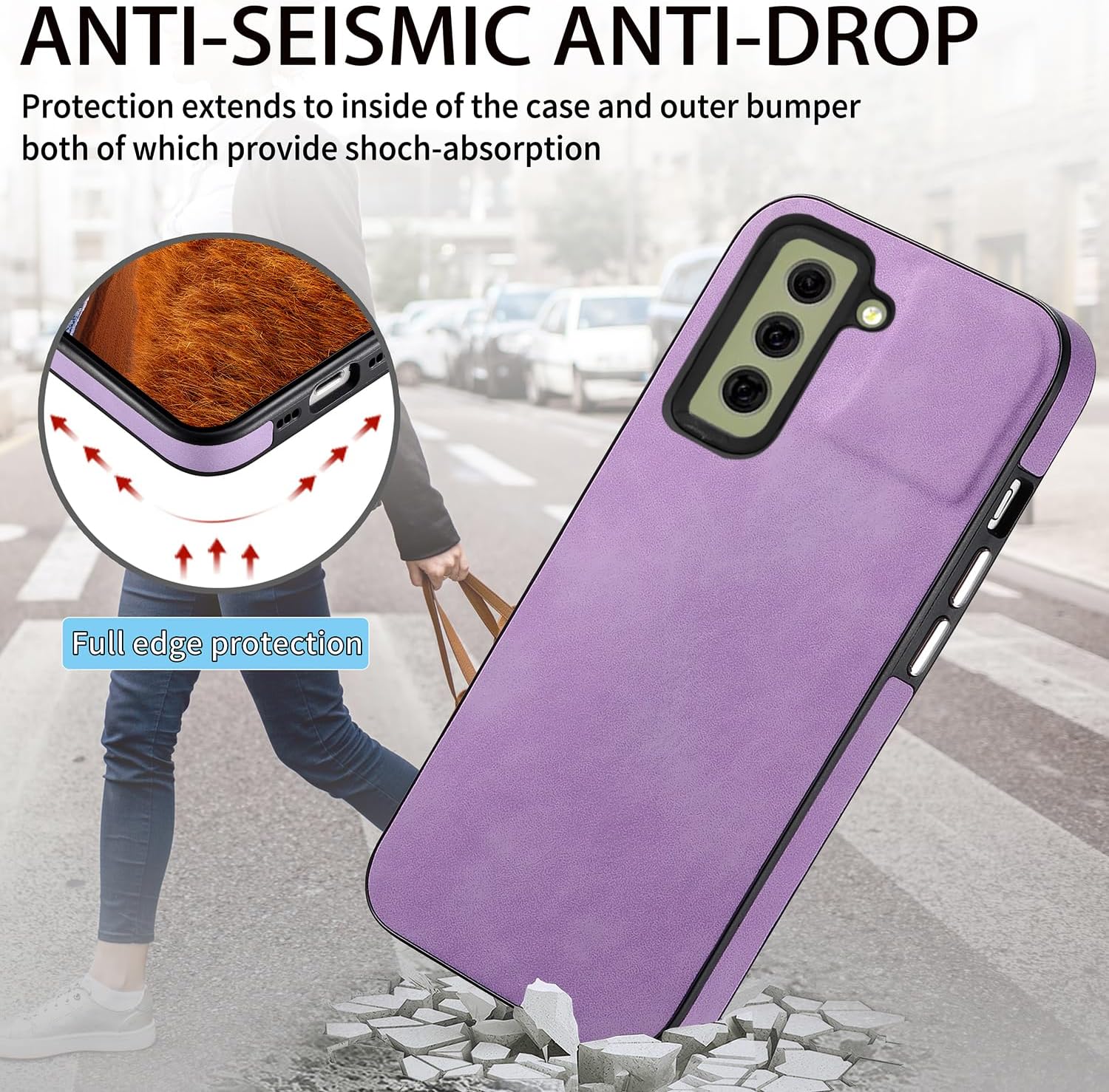 Asuwish Funda de teléfono para Samsung Galaxy S21 FE 5G con protector de pantalla de vidrio templado y funda delgada de cuero suave resistente
