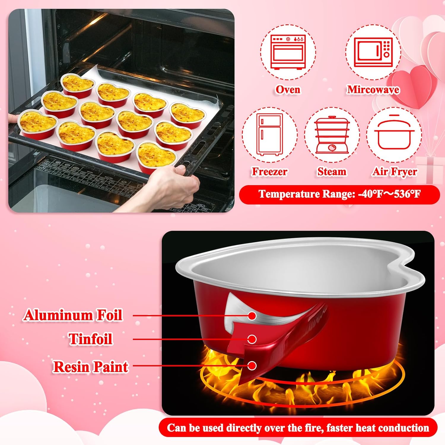Modacraft Paquete de 120 moldes para pasteles en forma de corazón con tapas, papel de aluminio desechable de 3.4 onzas, moldes para magdalenas,