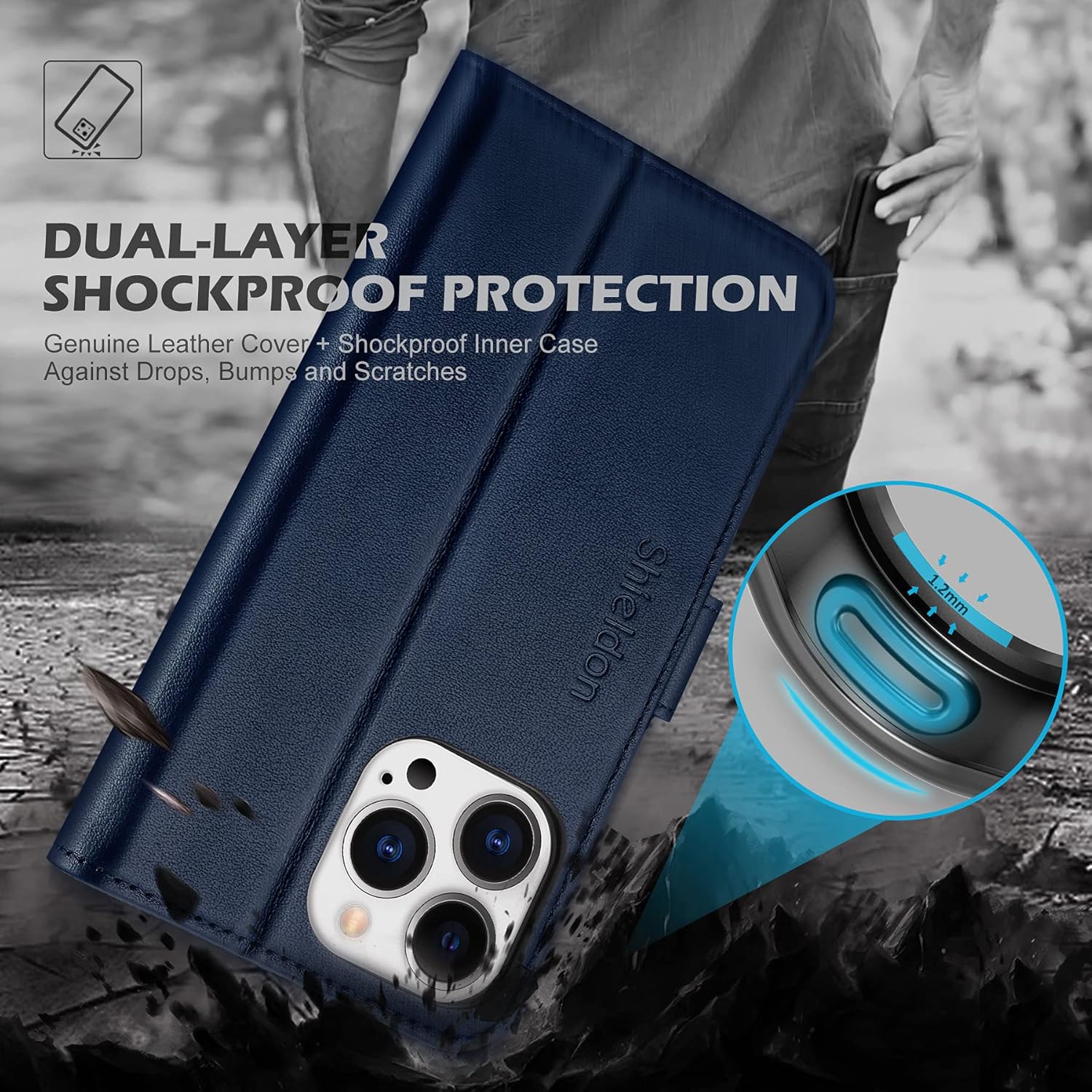 SHIELDON Funda para iPhone 13 Pro 5G, de piel auténtica, con función atril, bloqueo RFID, tarjetero y cierre magnético, funda de protección