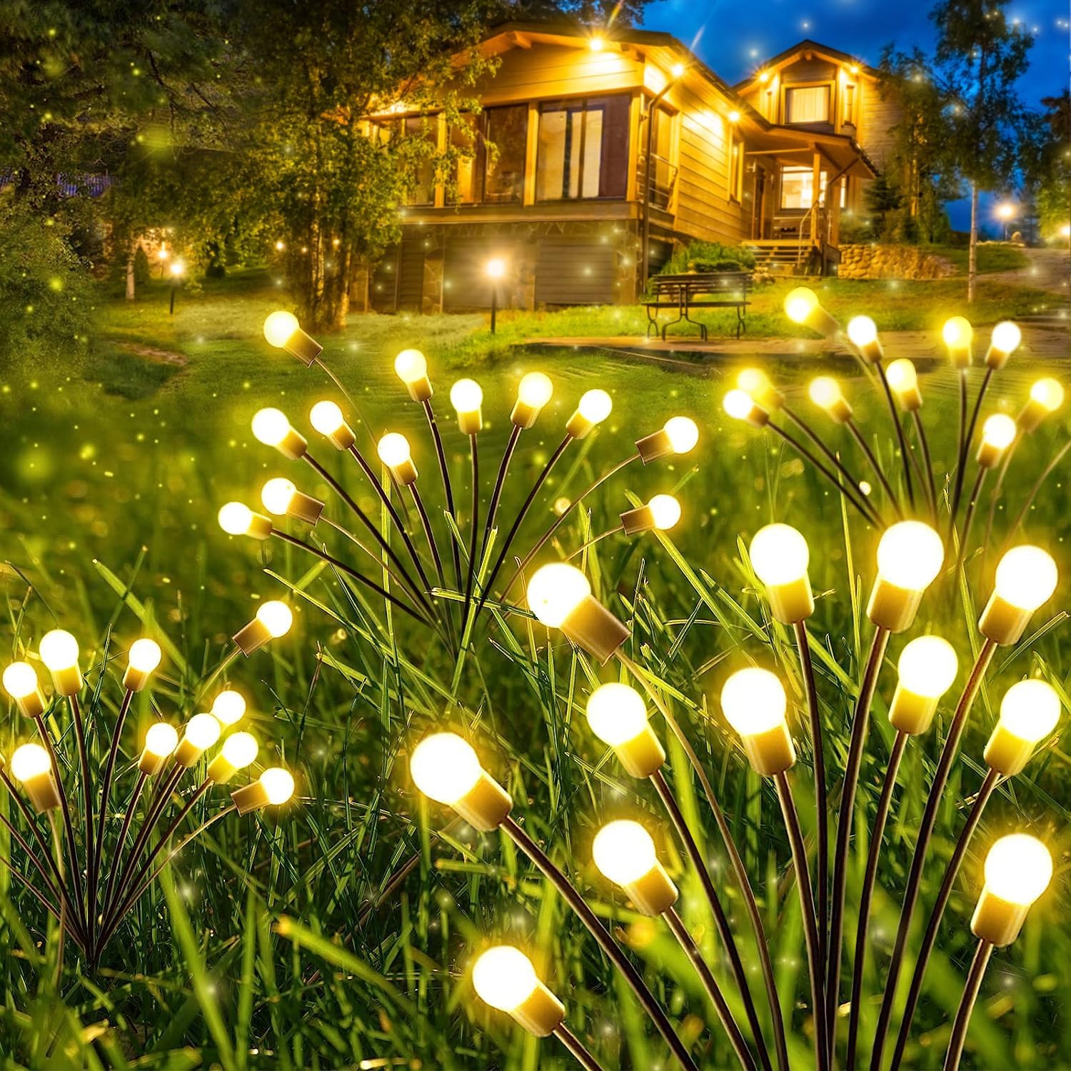 Luces solares de jardín, paquete de 2 24 luces LED de luciérnaga solares mejoradas, luces solares oscilantes y de danza del viento, luces solares