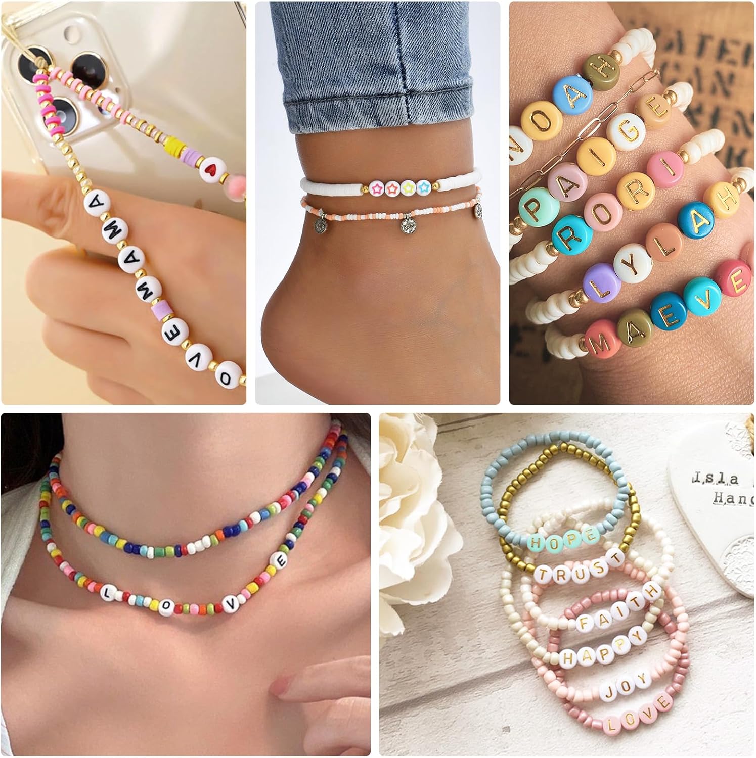 QUEFE 2000 cuentas de letras para pulseras, cuentas redondas de números del alfabeto de 9 colores con 1 rollo de cuerda elástica para hacer joyas,