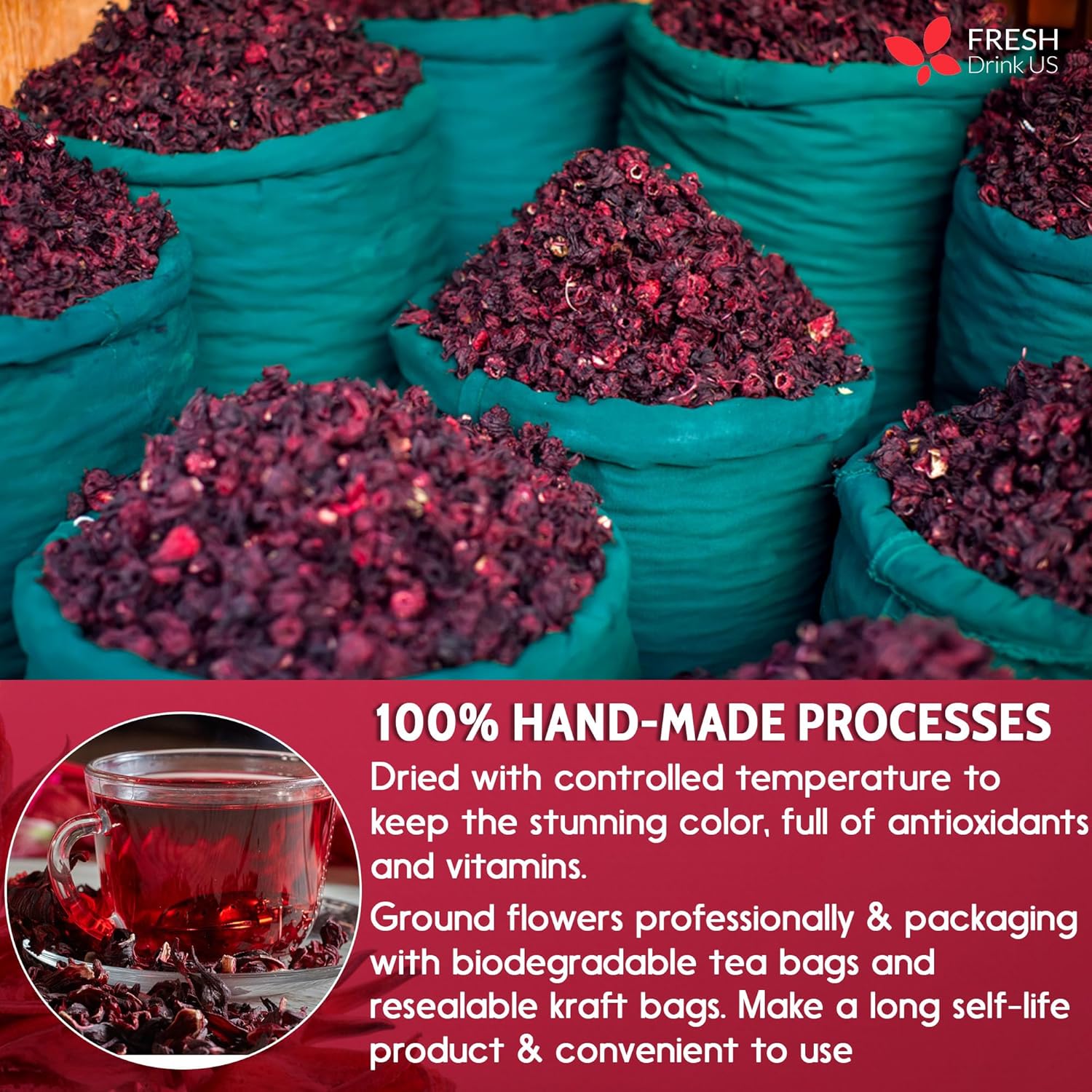 FreshDrinkUS, 140 bolsas de té de flores de hibisco premium, 100% natural, puro de flores de hibisco. Té de hierbas de hibisco de flores sueltas. Té
