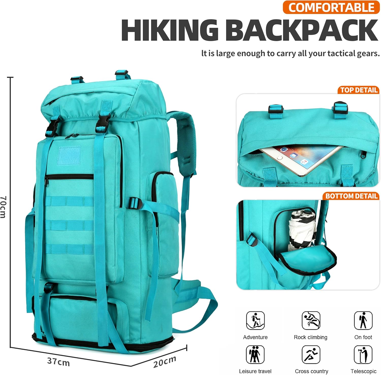 100L camping senderismo militar táctico mochila escalada al aire libre bolsas de deporte para acampar, mochilero, Azul lago, Mochilas Daypack