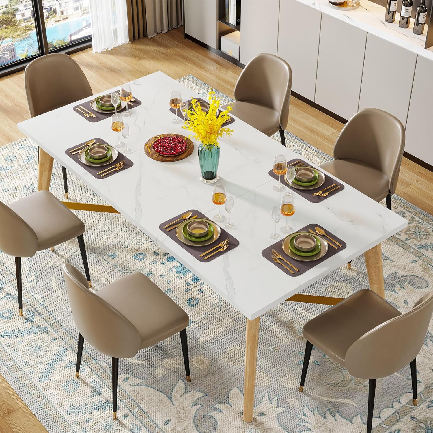 Tribesigns Mesa de comedor para 6-8 personas, mesa de cocina rectangular de 70.9 pulgadas con patas de madera maciza, mesa de comedor de madera de