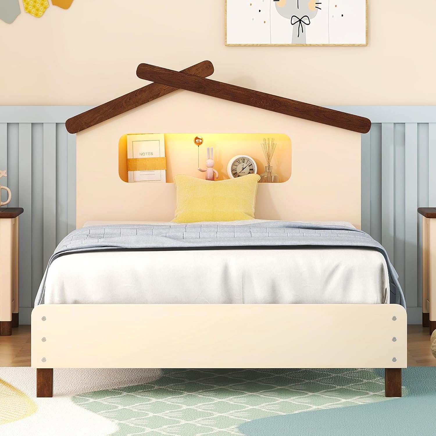 Merax Marco de cama de madera individual para niños con luz de movimiento, plataforma de madera para niños y niñas, no necesita somier, fácil de