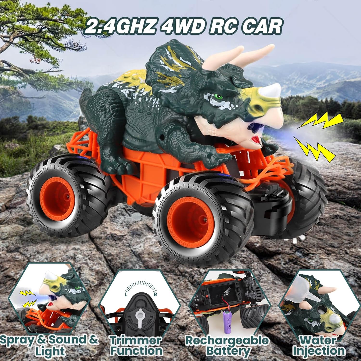 Dolanus Auto de juguete de dinosaurio a control remoto para niños de 3, 4, 5, 6, 7, 8 años, camiones monstruo de dinosaurio para niños, control