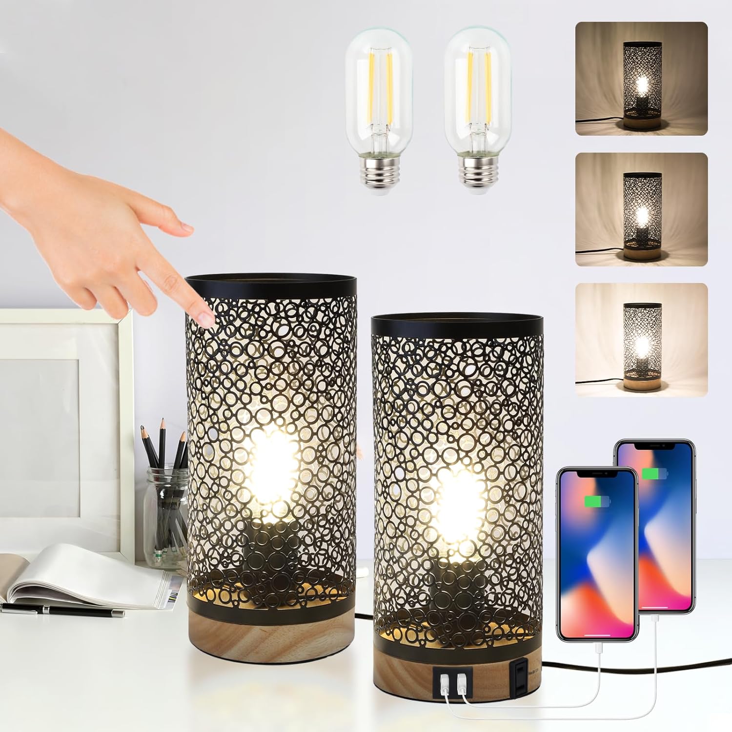 Juego de 2 lámparas de mesa con control táctil, lámparas de mesita de noche regulables con puerto USB y salidas de CA, lámparas industriales de