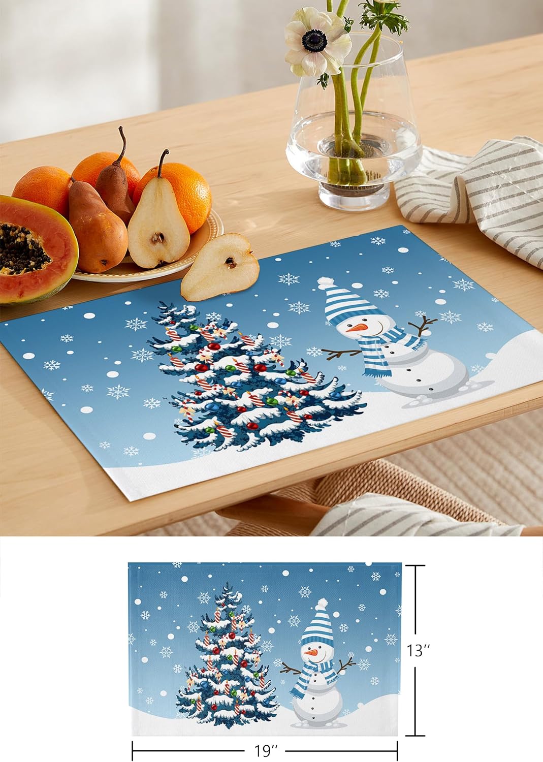 Juego de 6 manteles individuales de Navidad, diseño de árbol de Navidad, diseño de muñeco de nieve azul degradado, copos de nieve para mesa de