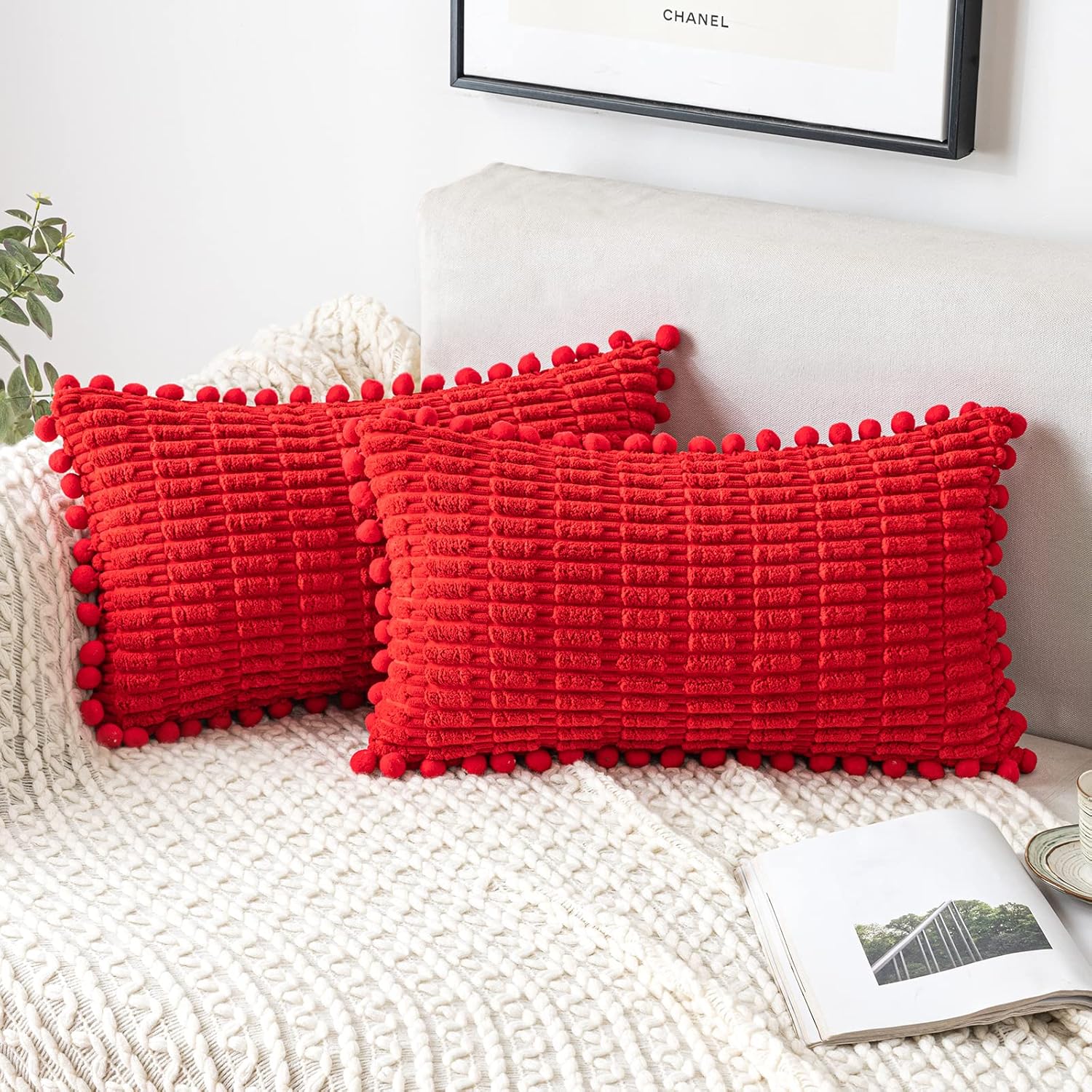 MIULEE Juego de 2 fundas de almohada decorativas de pana roja, con pompones, suaves, bohemias, a rayas, modernas, para decoración del hogar, para