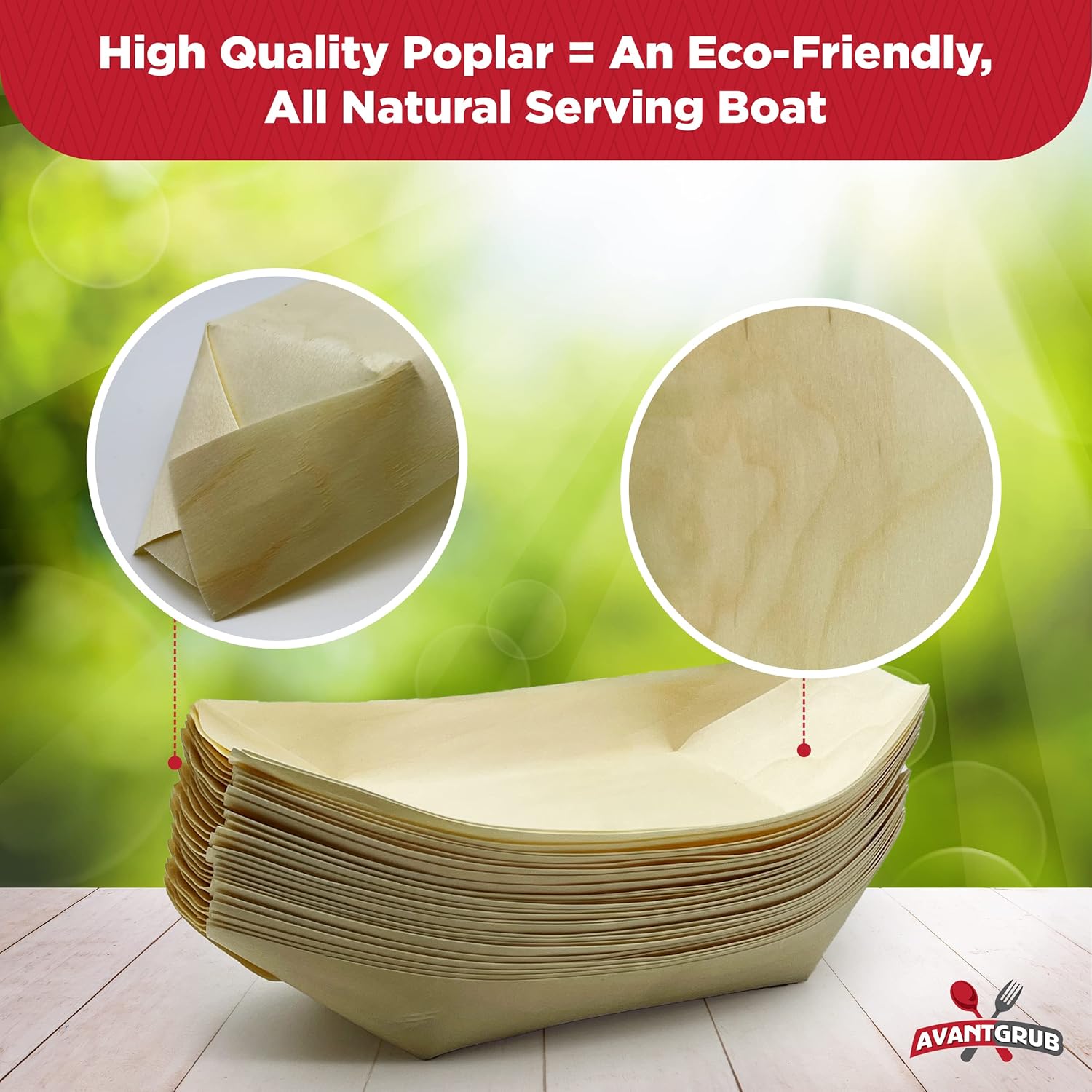Paquete de 50 botes de sushi biodegradables extra grandes de 10 pulgadas. Platos de aperitivo 100% desechables. Bandejas de alimentos de madera