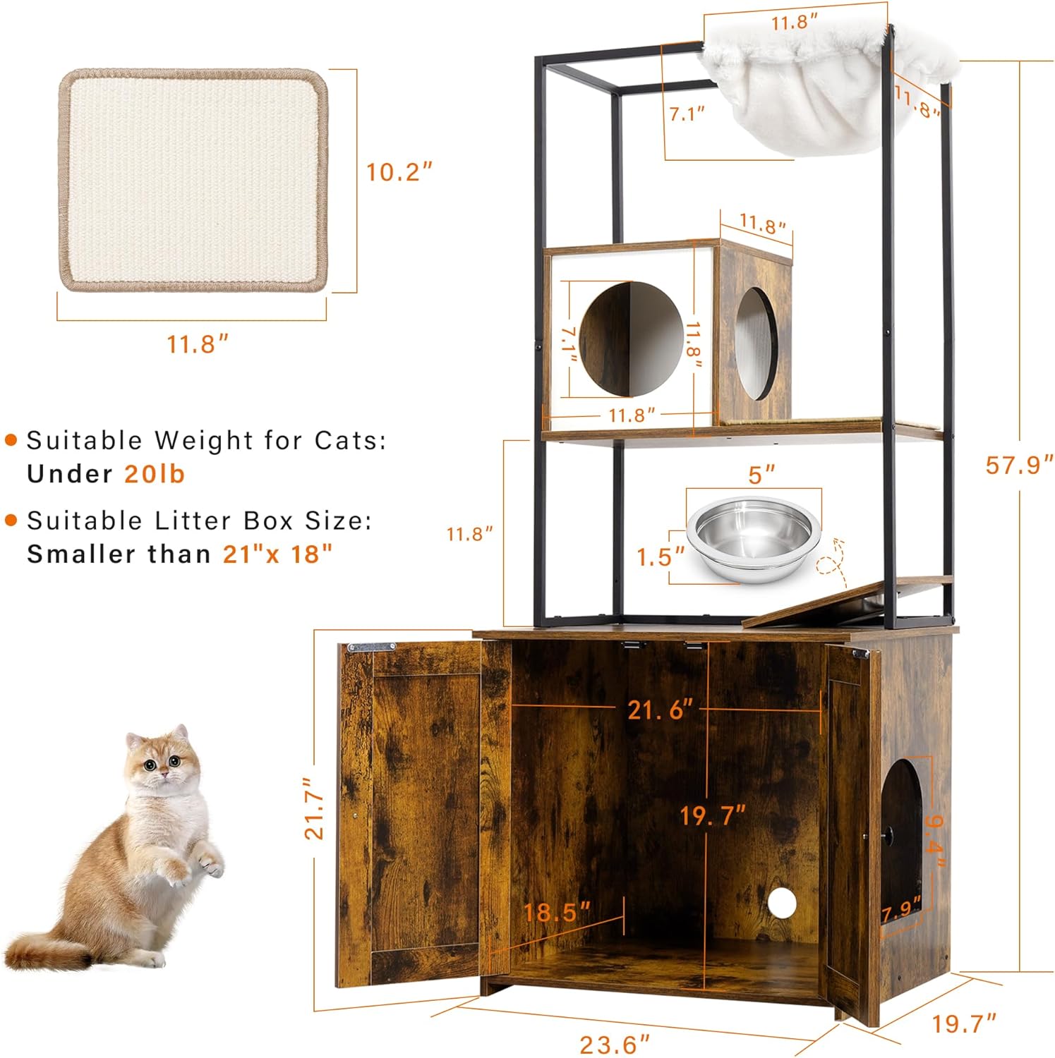 DWANTON Árbol para gatos con caja de arena, torre para gatos moderna todo en uno con condominio, hamaca, estación de alimentos, alfombrilla para