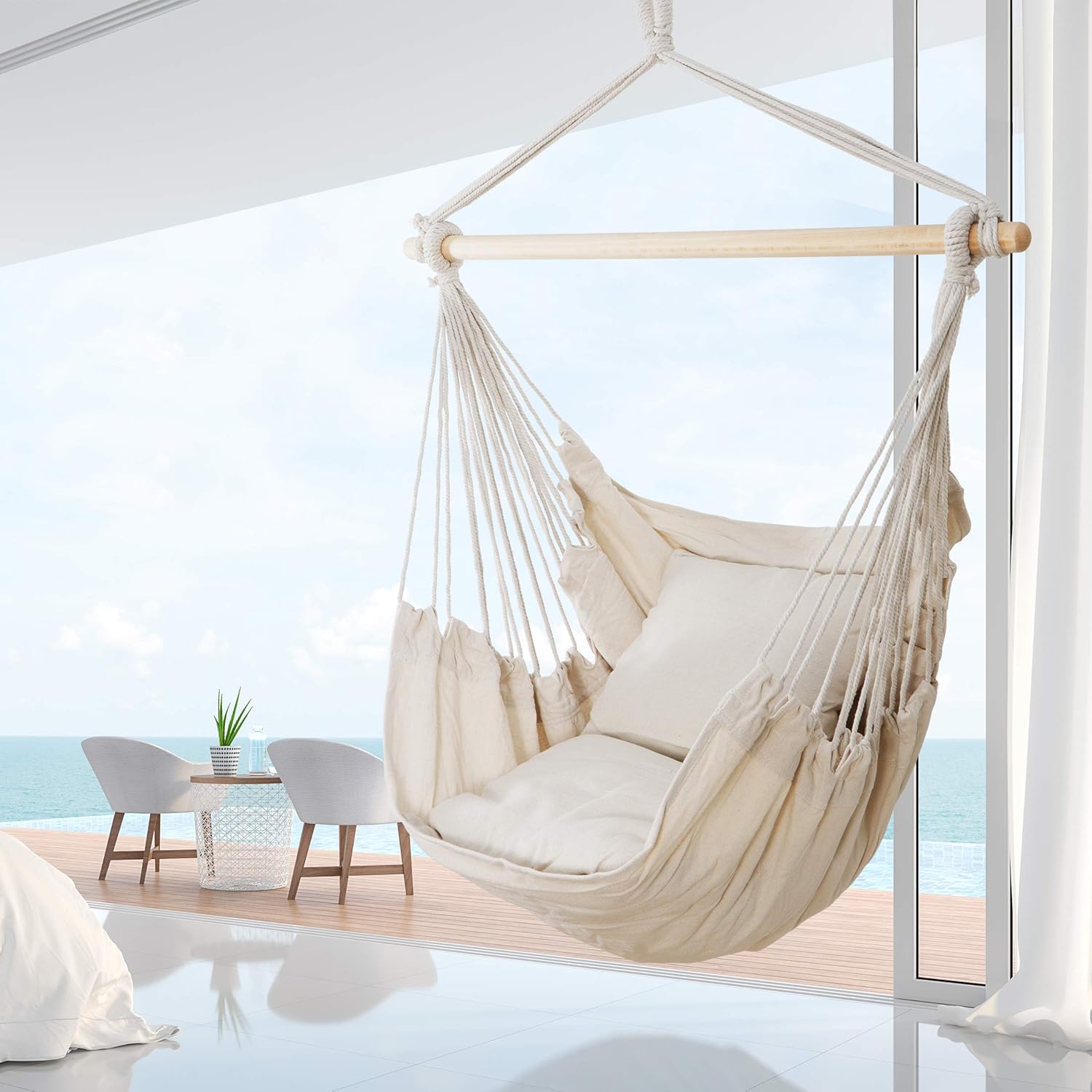 ZENY Silla de hamaca colgante de cuerda con barra de madera y 2 almohadas y bolsa de transporte máx. 330 libras para interiores y exteriores