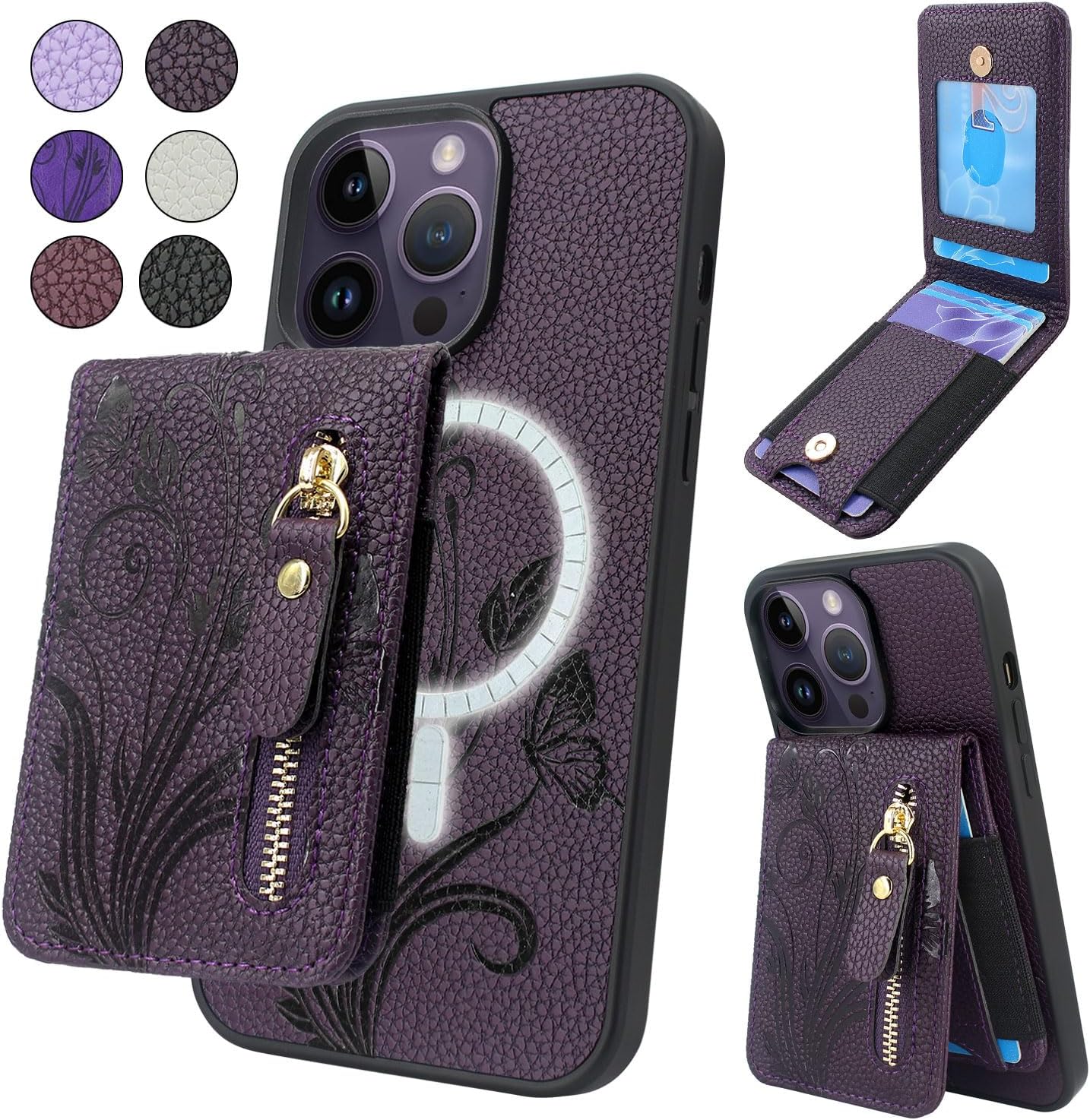 Lacass Funda compatible con MagSafe Case Wallet para iPhone 15 Pro de 6.1 pulgadas, tarjetero magnético desmontable con cremallera (floral morado