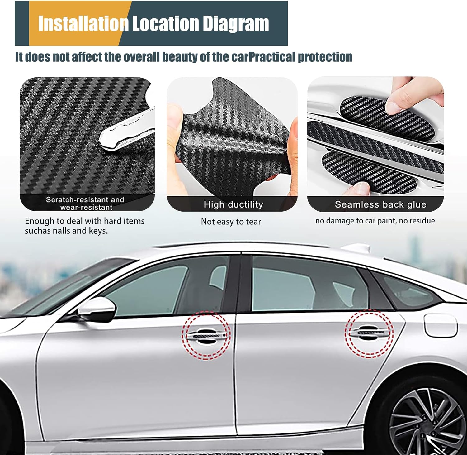 ZBGUN 8 calcomanías para manija de puerta de automóvil, 3.3 x 3.4 pulgadas, textura de fibra de carbono, antiarañazos, impermeable, sin rastros,