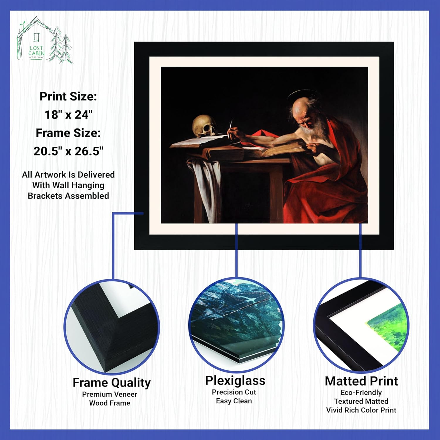 Caravaggio Lost Cabin Saint Jerome  Impresión enmarañada en marco plano negro  Reproducción de pinturas de obras de arte finas  Póster enmarcado