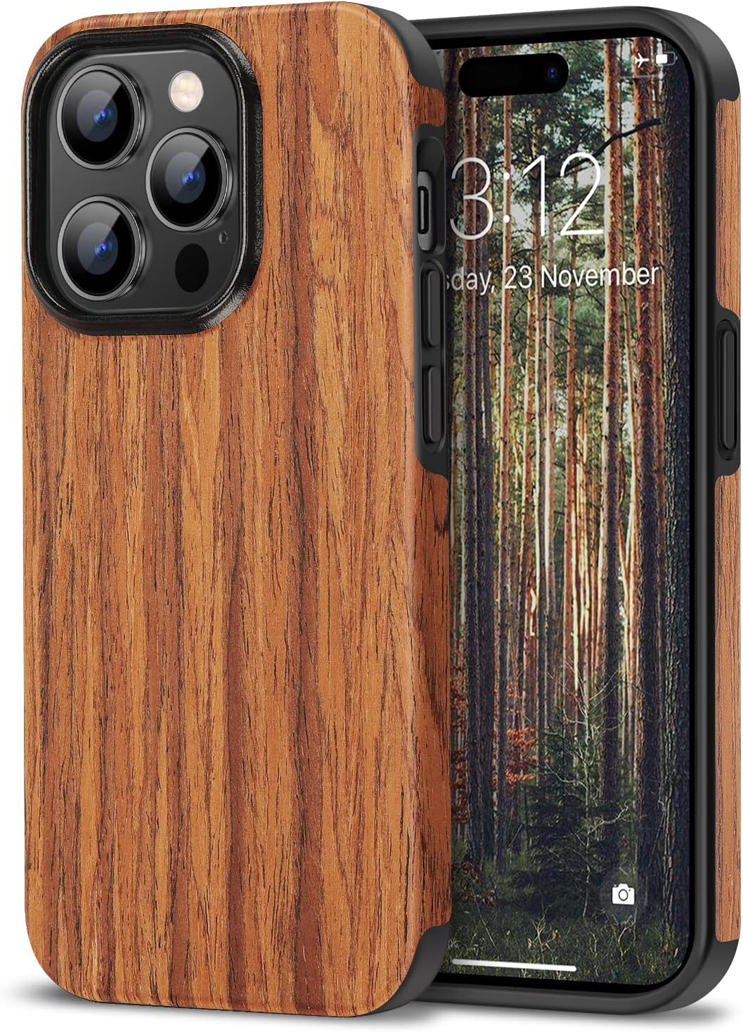 TENDLIN Compatible con iPhone 14 Pro, diseño exterior de grano de madera, funda híbrida de TPU (sándalo rojo)