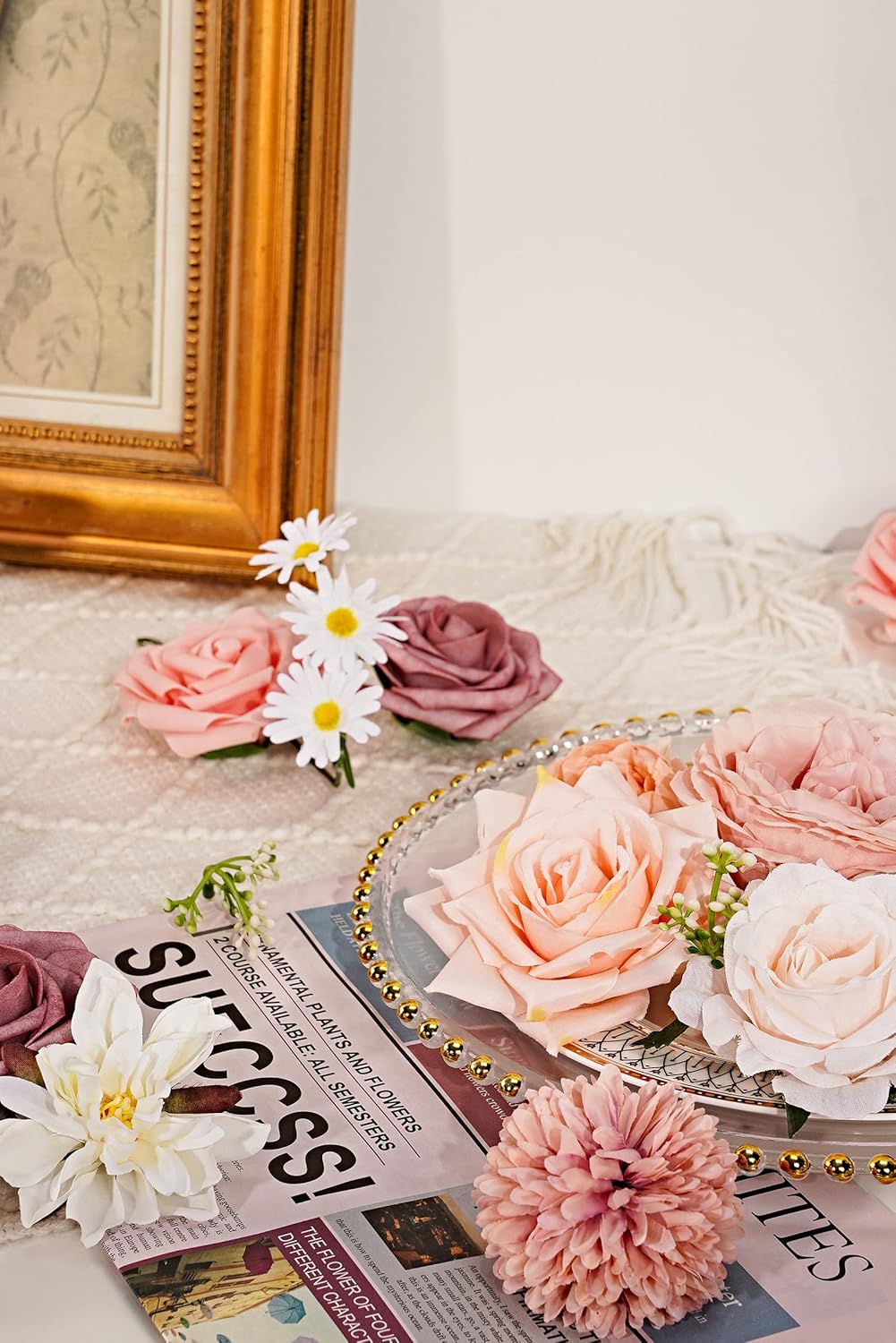 Combo de flores artificiales de seda sintética con tallos para manualidades, ramos de boda, centros de mesa, arreglos de mesa, decoración de novia,