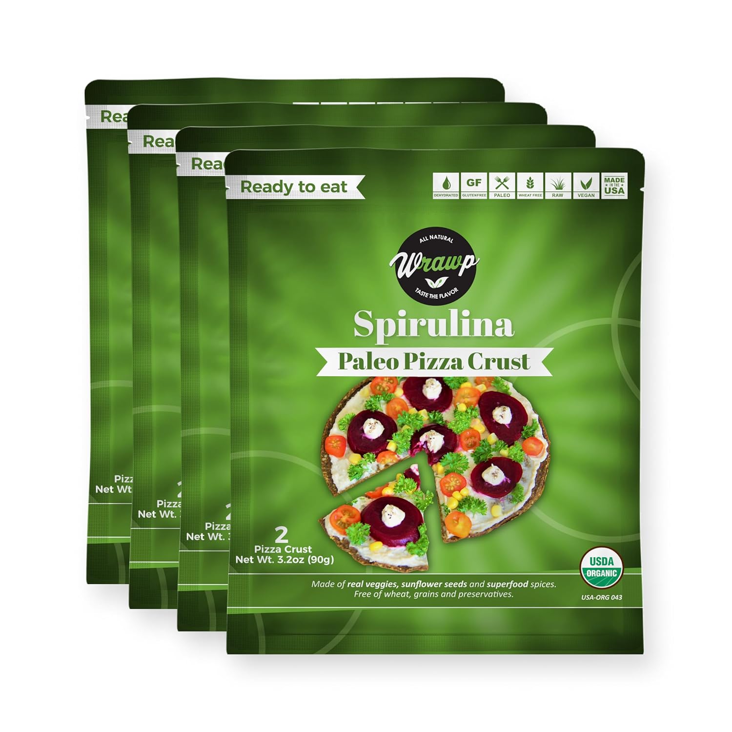 Paleo Pizza Crusts, paquete de 4 cortezas de pizza, espirulina (cruda, vegana, paleo, sin gluten) sin trigo