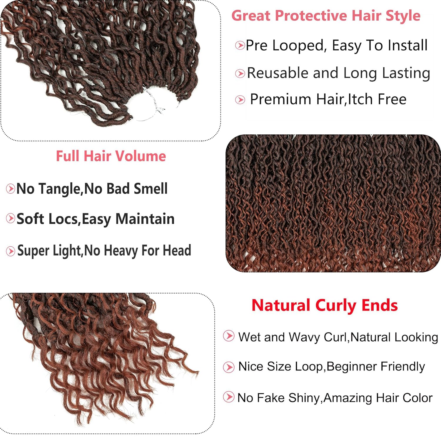 Copper Goddess – Rastas sintéticas de ganchillo con extremos rizados, 7 paquetes de cabello bohemio de ganchillo de 14 pulgadas, cabello de