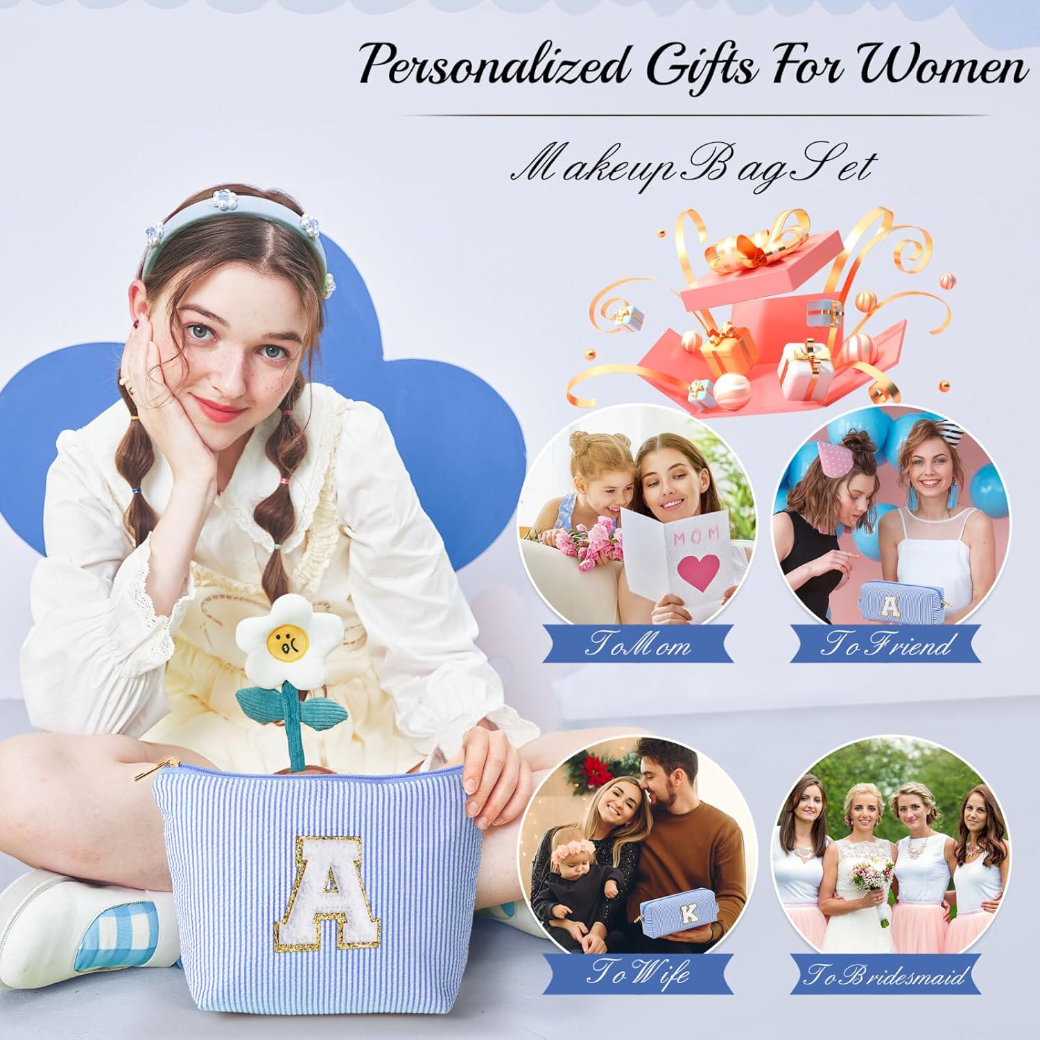2 bolsas de maquillaje con inicial, bolsa de cosméticos, bolsa de maquillaje de viaje, regalos de cumpleaños personalizados para mujeres, mamá,