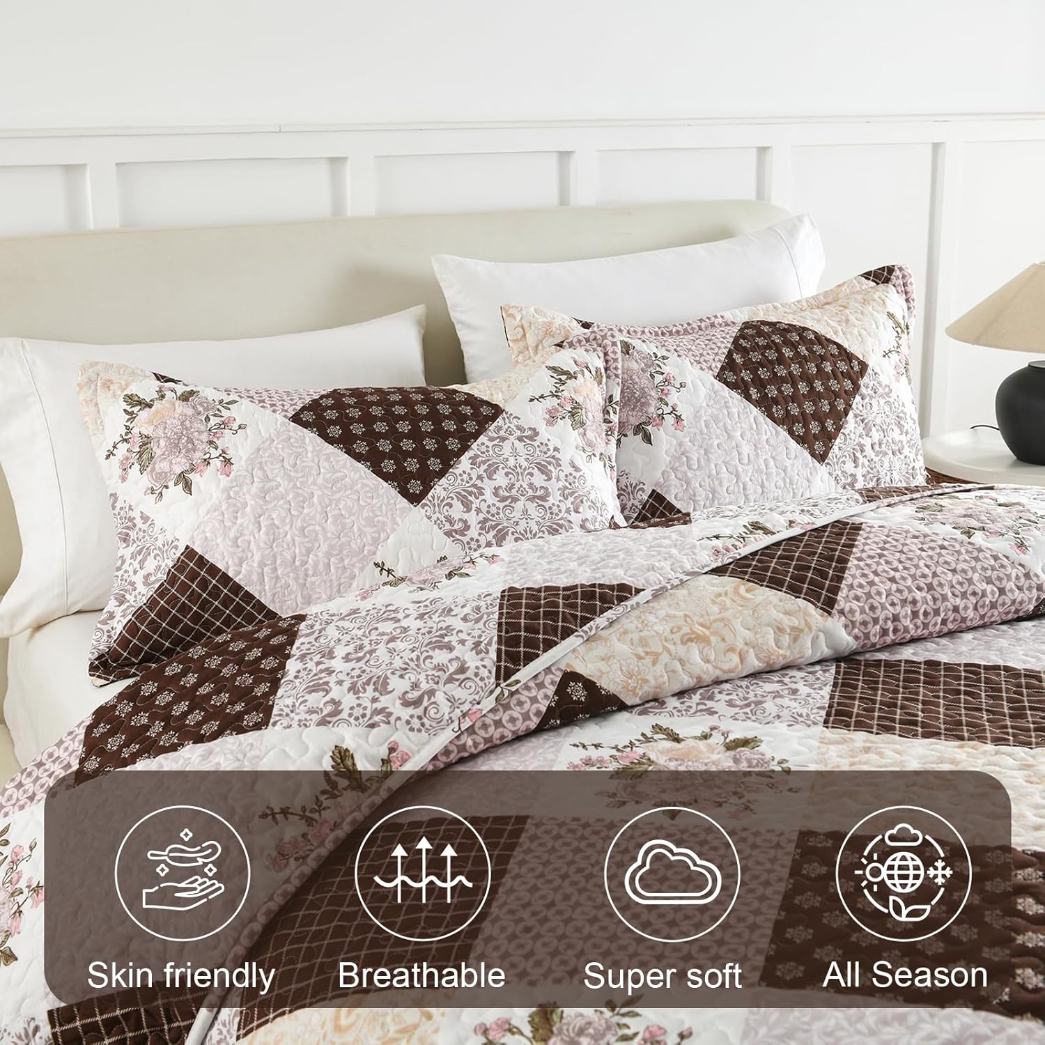 Dinjoy Juego de edredón de retazos a cuadros florales, tamaño King, juego de ropa de cama reversible marrón y rosa, colcha ligera de microfibra