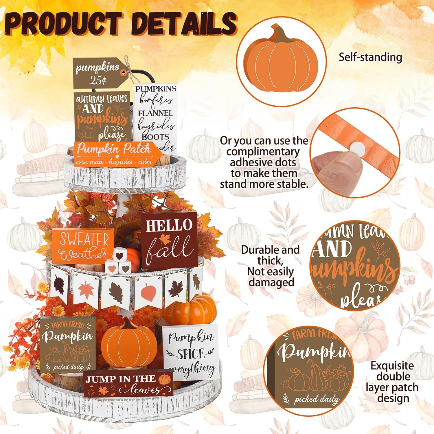 Juego de 15 bandejas escalonadas de otoño, decoración de calabaza, decoración de casa de campo, centros de mesa de hojas de arce de otoño, cosecha