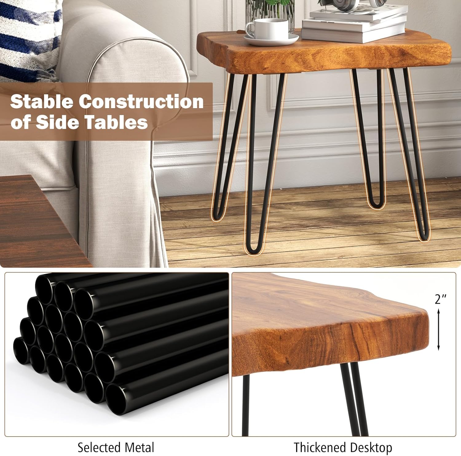 GOFLAME Mesa auxiliar rectangular, mesa auxiliar para interiores y exteriores con parte superior de madera de teca maciza y patas de metal, mesa de