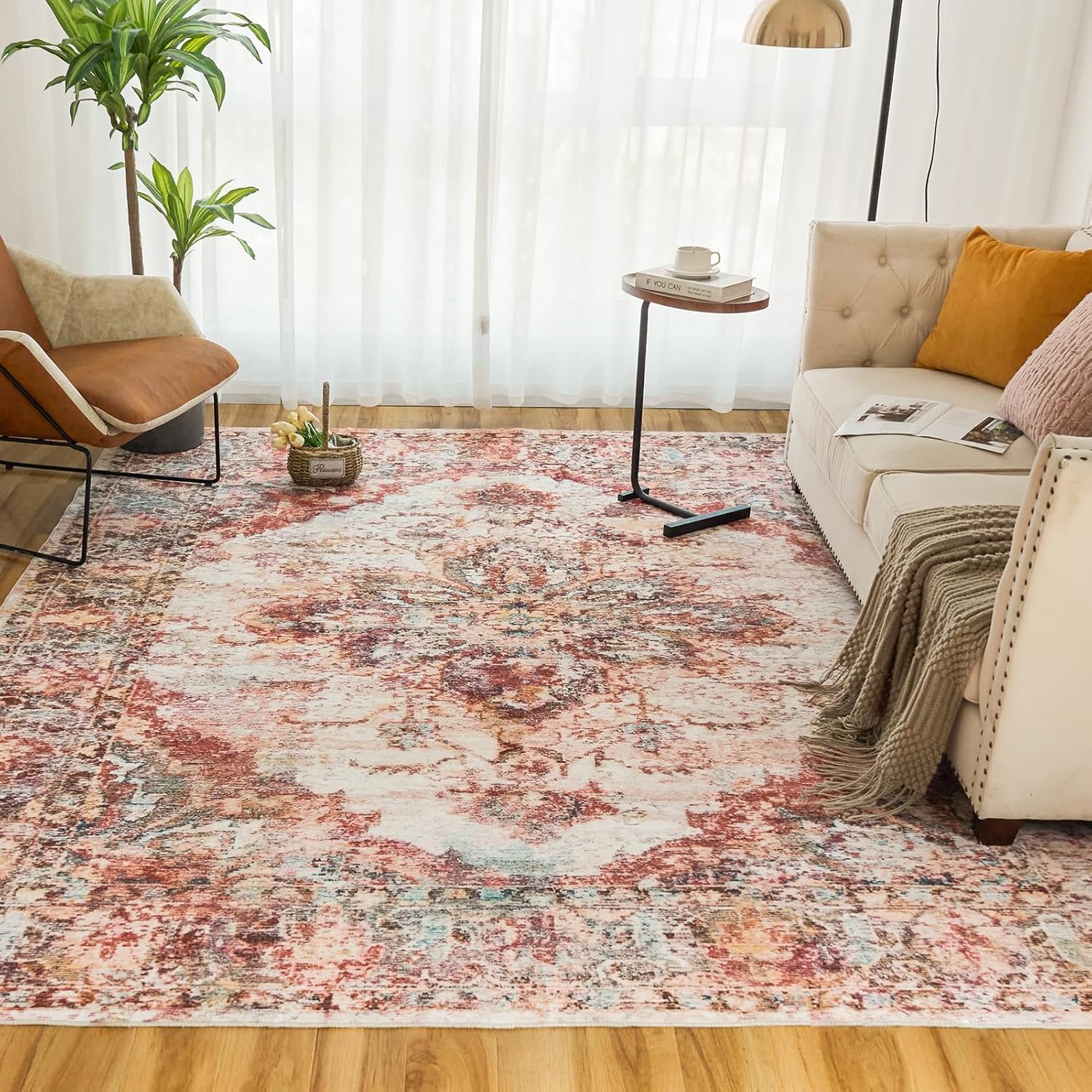 VKLIVING Alfombra vintage lavable de 5 x 7 pies, de pelo bajo, estilo bohemio, ligera, lavable a máquina, resistente a las manchas, antideslizante,