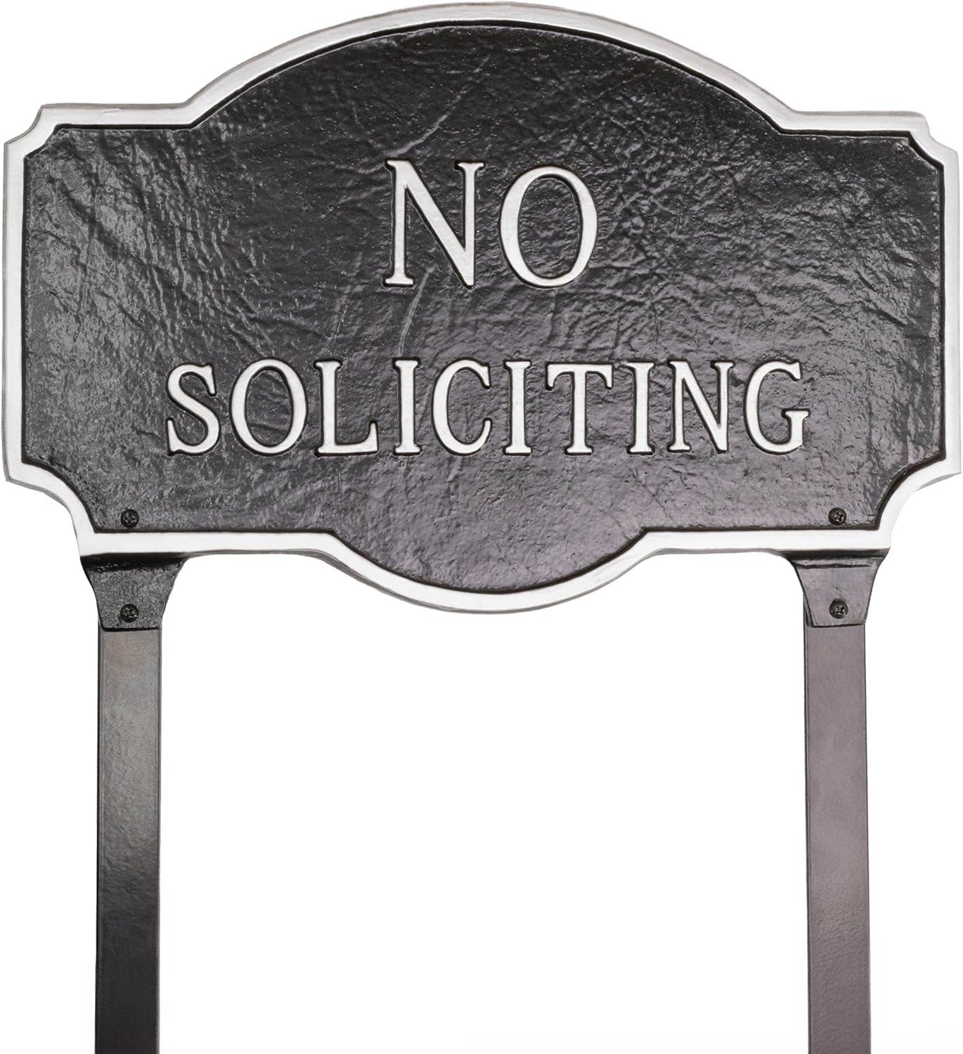 Placa de metal fundido con texto en inglés “No Soliciting Montague” – Placa de exhibición de pared o césped – Señal de advertencia – Placa de