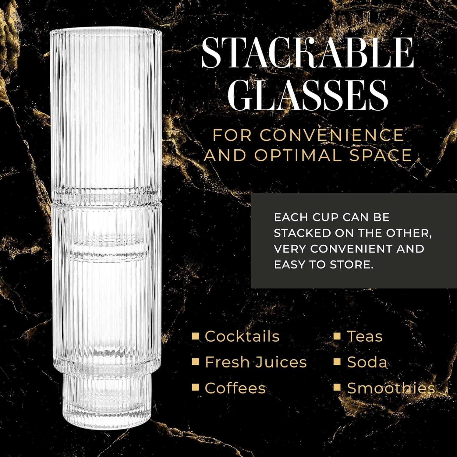 Vasos de vidrio acanalados de 12 onzas  Juego de 4 vasos acanalados  Juego de 4 vasos estéticos con textura vintage retro ondulados para whisky,