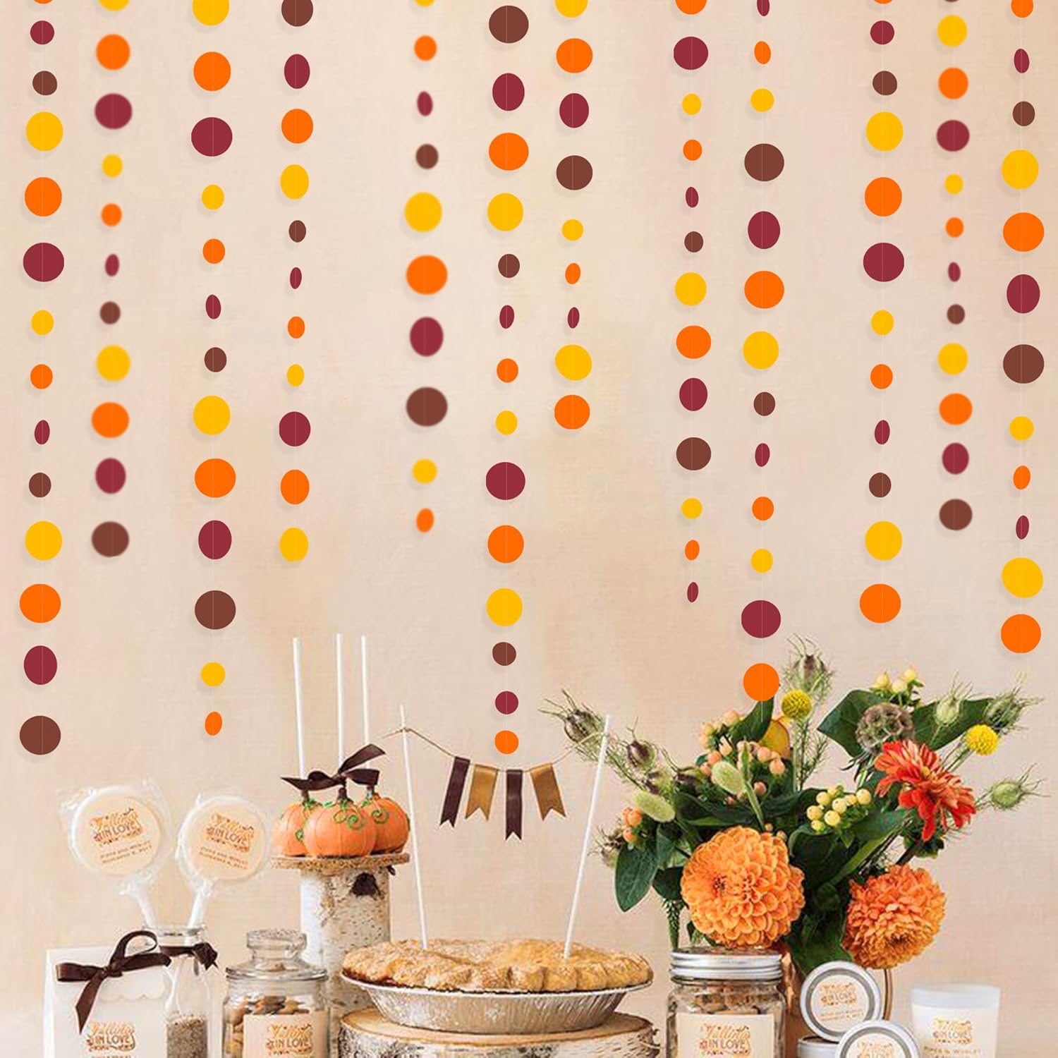 Decoraciones de fiesta de otoño de 46 pies, guirnaldas de lunares naranja, amarillo, borgoña, marrón, papel para colgar, serpentina de puntos para