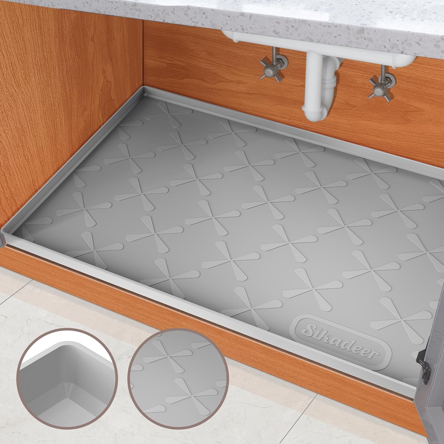 Tapete para debajo del fregadero para cocina, impermeable, 25 x 22 pulgadas, tapete de silicona para gabinete para baño, organizador debajo del