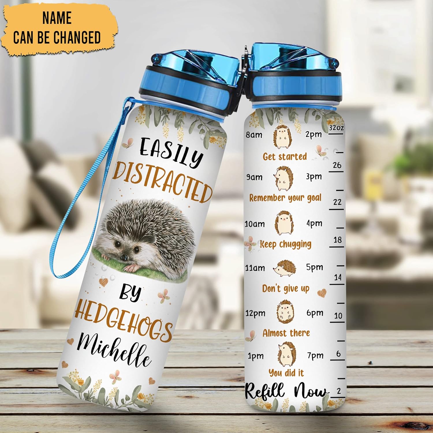 Hyturtle Botella de agua motivacional personalizada para amantes de los erizos de 32 onzas, 1 litro, fácil de distraer con erizos, botella de agua