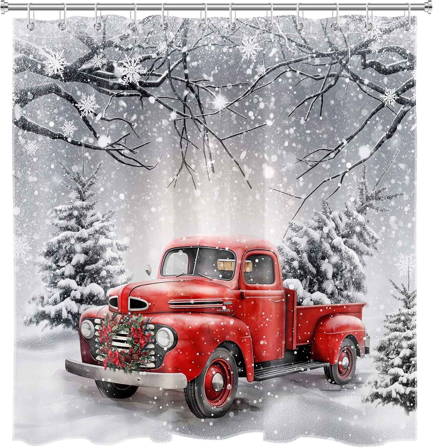 LB Red Truck Christmas Shower Curtain Sets with Rugs Xmas Wreath and Pine Tree on Retro Truck Winter Snow Fabric Shower Curtain with Hooks Snowflake