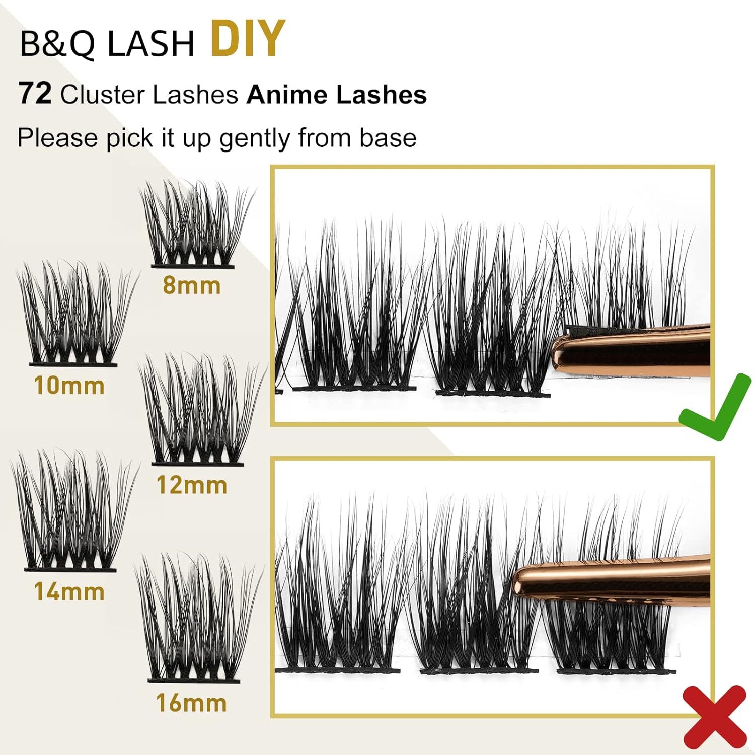 Extensiones de pestañas rizadas en racimo B42 D, 0.315-0.630 in, 72 racimos de pestañas rizadas C, D, B&Q LASH, extensiones de pestañas individuales
