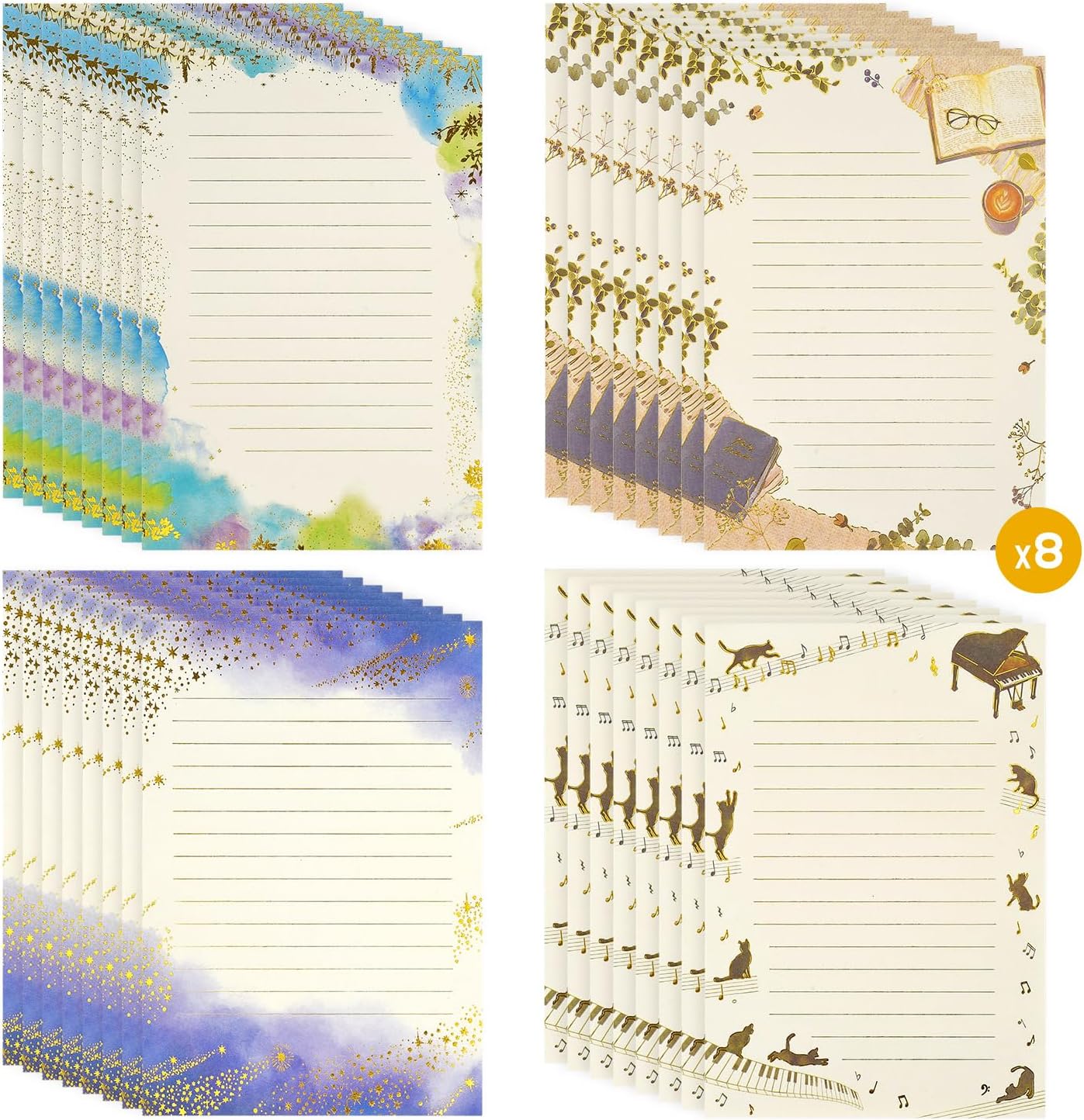 Juego de 64 hojas de papel de carta estacionaria  A5 lindo estampado de papel de papel de escritorio forrado elegante para escribir letras, álbumes