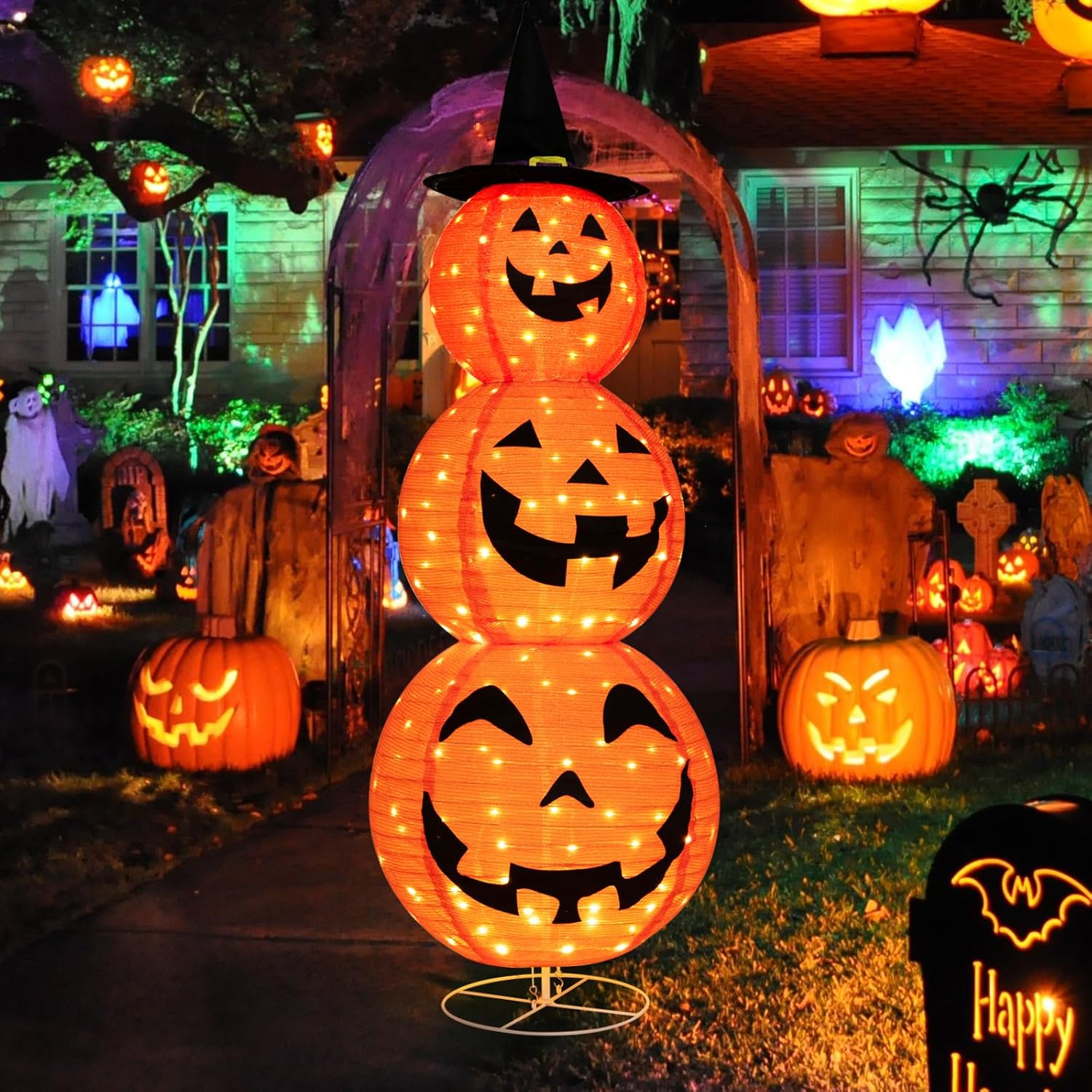 HOMGX – Decoraciones de calabaza de Halloween de 5 pies con 180 LED, calabaza iluminada preiluminada para exteriores con sombrero de bruja, calabaza