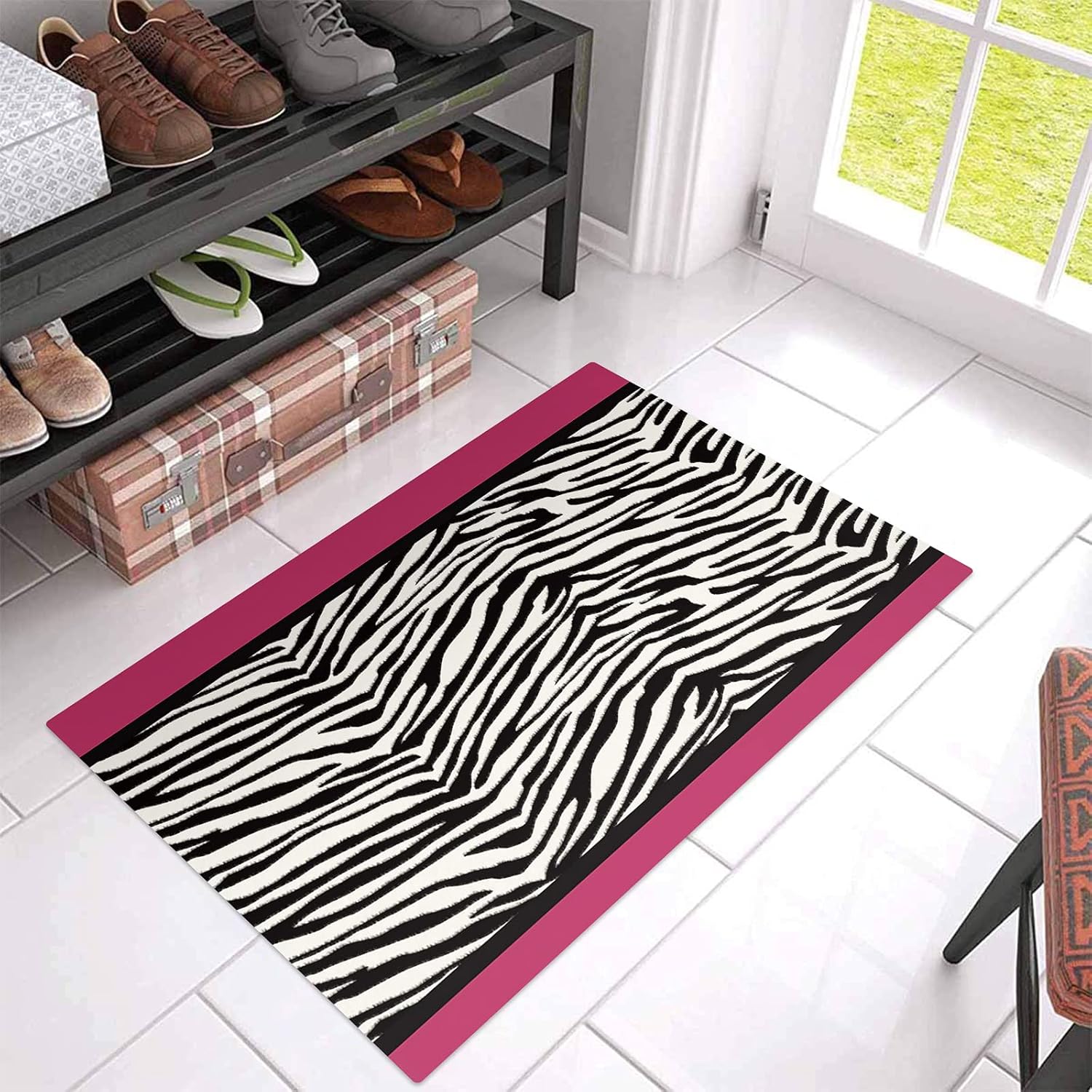Tapete de bienvenida con estampado de cebra negra y blanca, antideslizante, tapete de baño, textura de piel animal, alfombra de entrada para