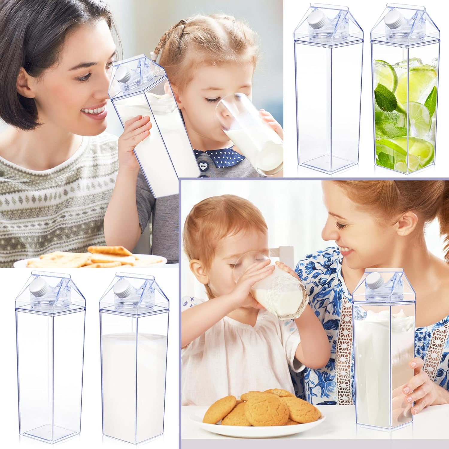 KALYLOC 8 botellas de agua de cartón de leche, botellas de leche cuadradas de plástico transparente de 34 onzas, contenedor de agua portátil